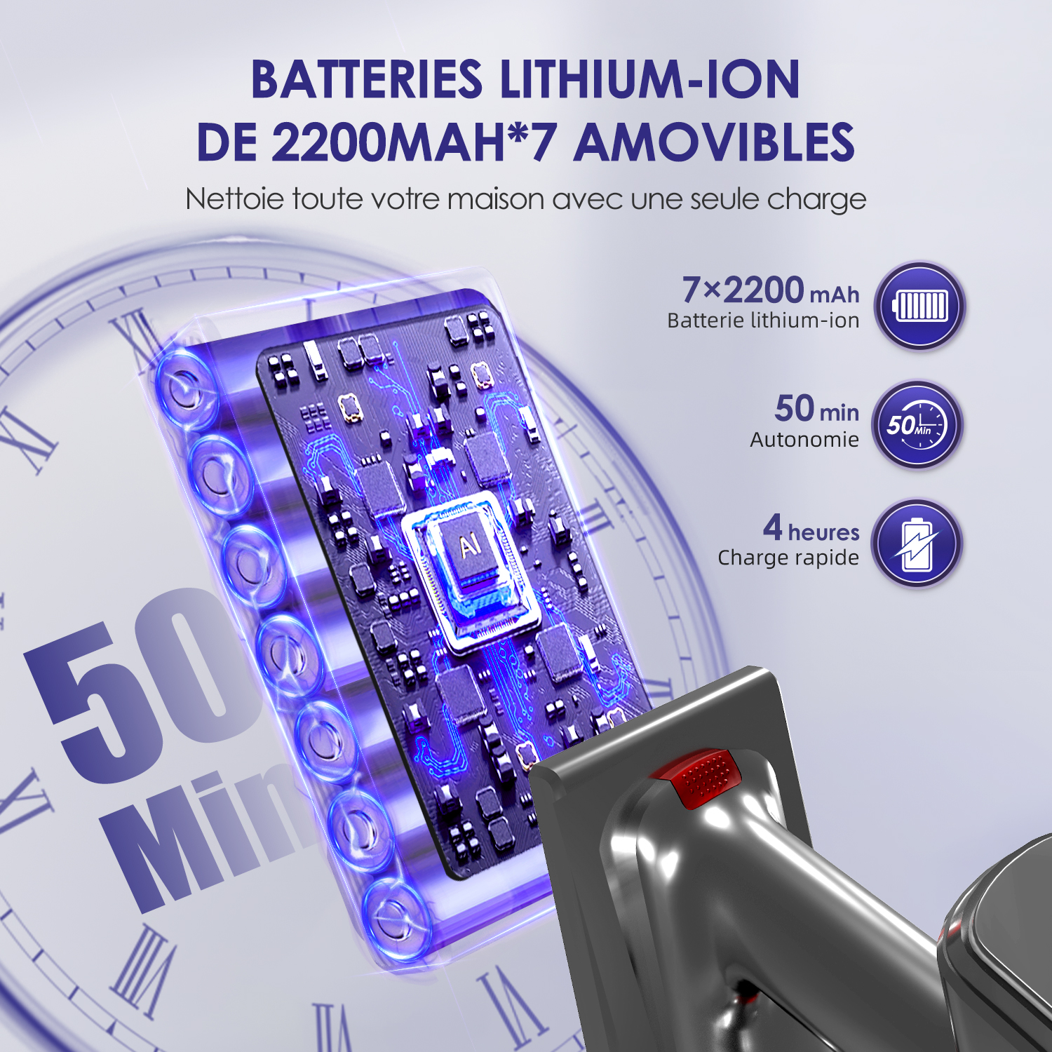 Diagramm zeigt Lithium-Ionen-Akku mit 7 Zellen, AI-Chip, 50 Min. Laufzeit und 4 Std. Ladezeit.