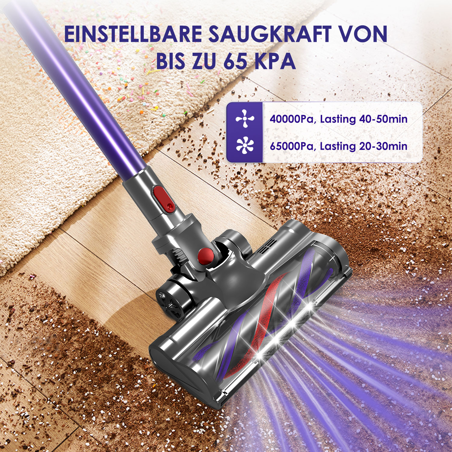 Ein kabelloser Staubsauger reinigt einen Holzboden und Teppich mit Schmutz.