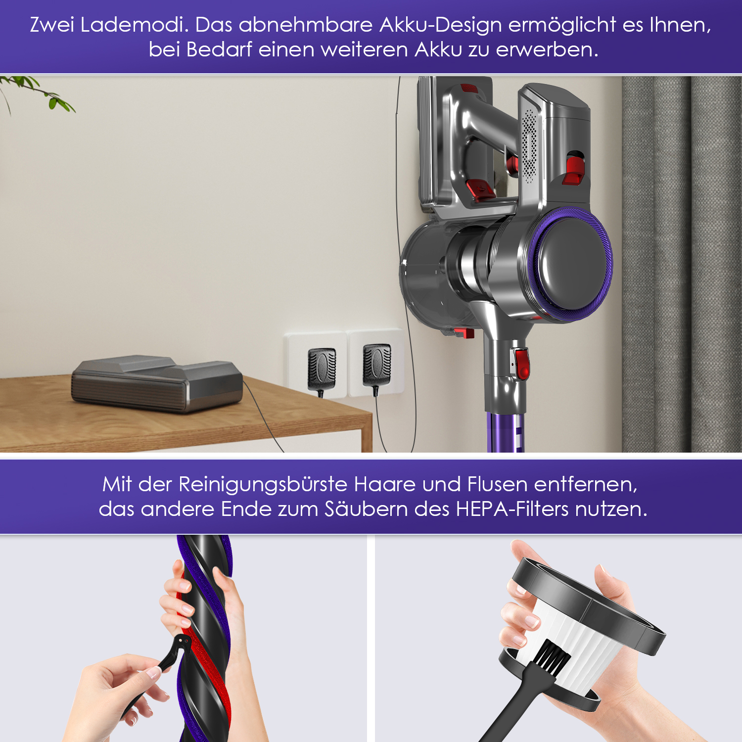 Akku-Staubsauger wird aufgeladen, Detailansicht der Reinigung des Bürstenkopfs und HEPA-Filters.