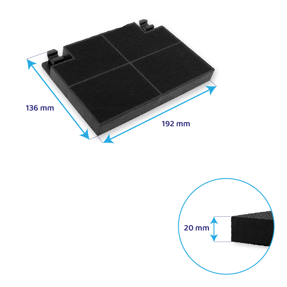 Rechteckiger schwarzer Aktivkohlefilter mit Abmessungen von 192x136x20 mm auf weißem Hintergrund.