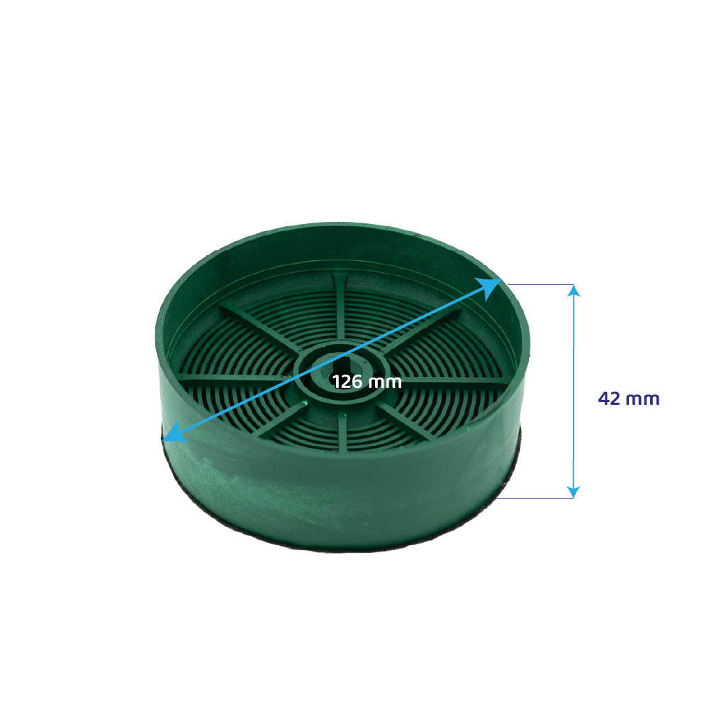 Grüner runder Plastikfilter mit integrierten Lamellen und blauen Maßlinien für Durchmesser und Höhe.