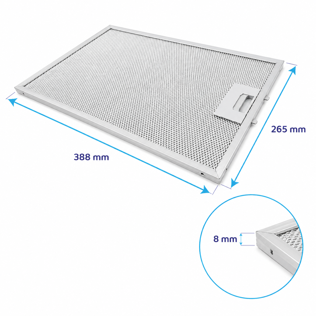 Rechteckiger Dunstabzugshaubenfilter aus Metall mit Maßen von 388 mm, 265 mm und 8 mm Dicke.