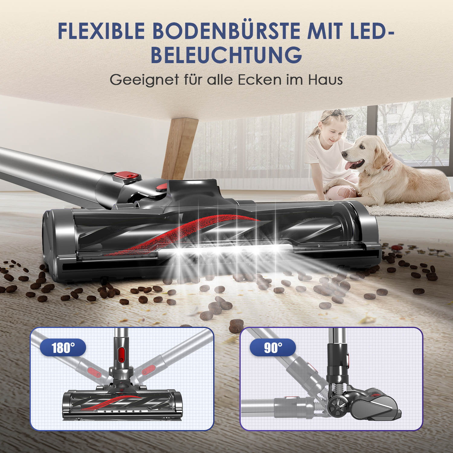 LED-Bodenbürste reinigt Tierfutter auf dem Boden, mit Insets für 180° und 90° Drehung.