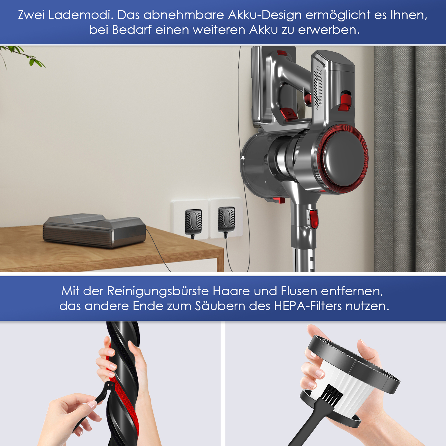 Akku-Staubsauger wird aufgeladen, Detailansicht der Reinigungsbürste für Haare und HEPA-Filter.