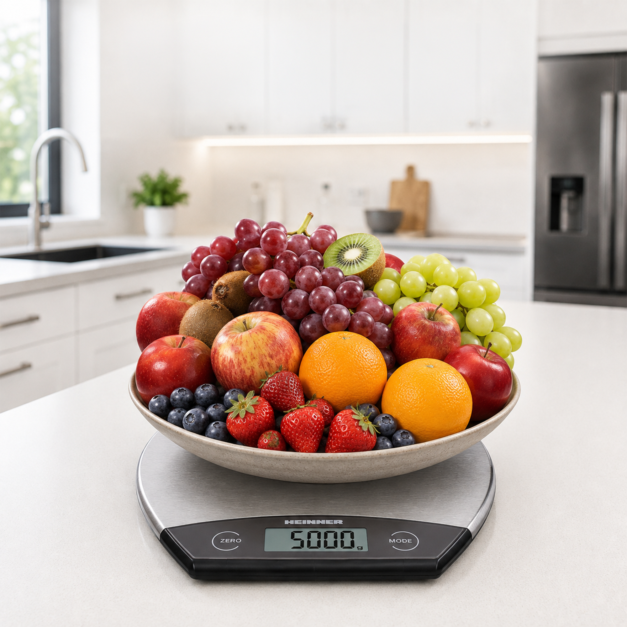 Eine mit frischem Obst gefüllte Schüssel steht auf einer digitalen Küchenwaage in einer modernen Küche.