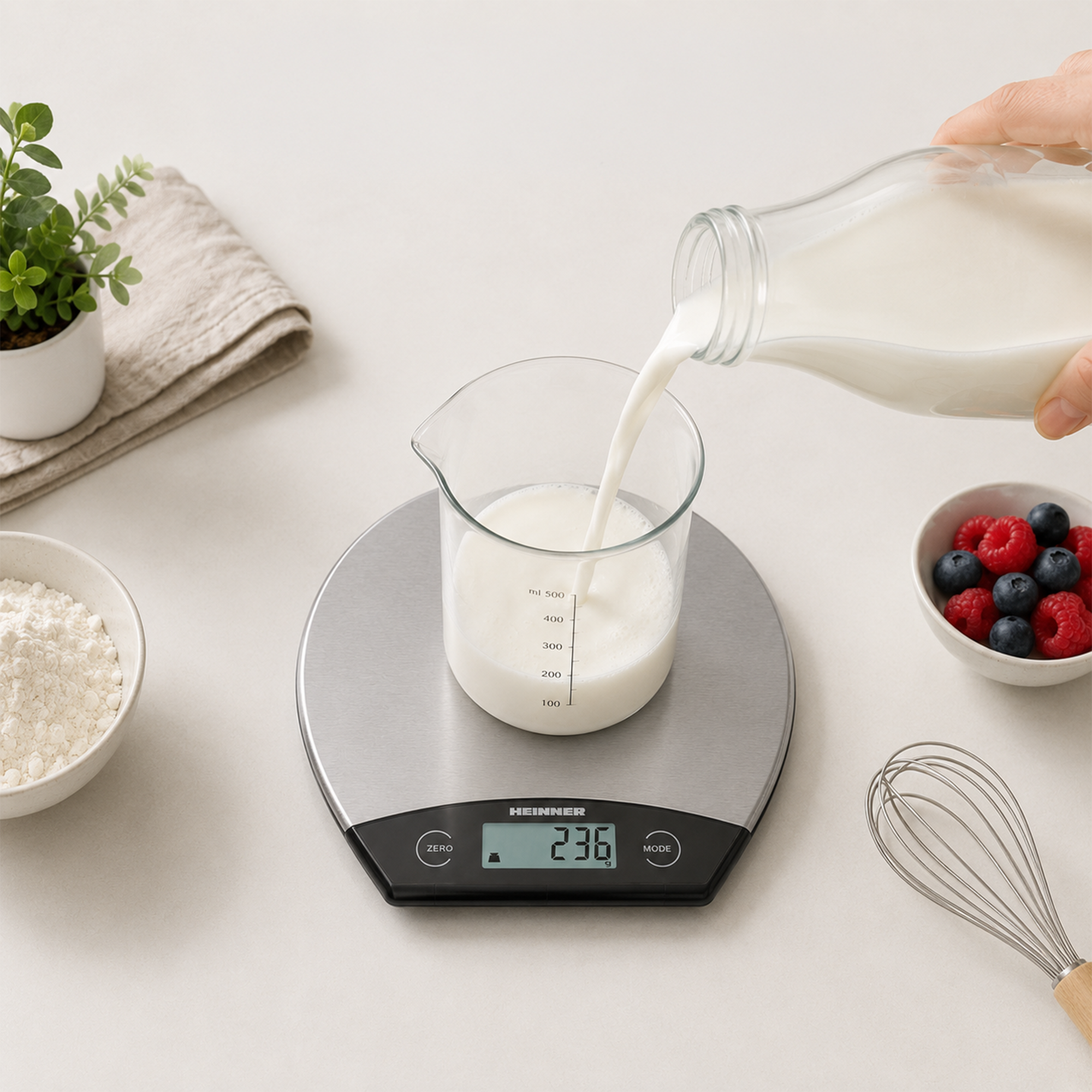 Milch wird aus einer Glasflasche in einen Messbecher auf einer Küchenwaage gegossen.