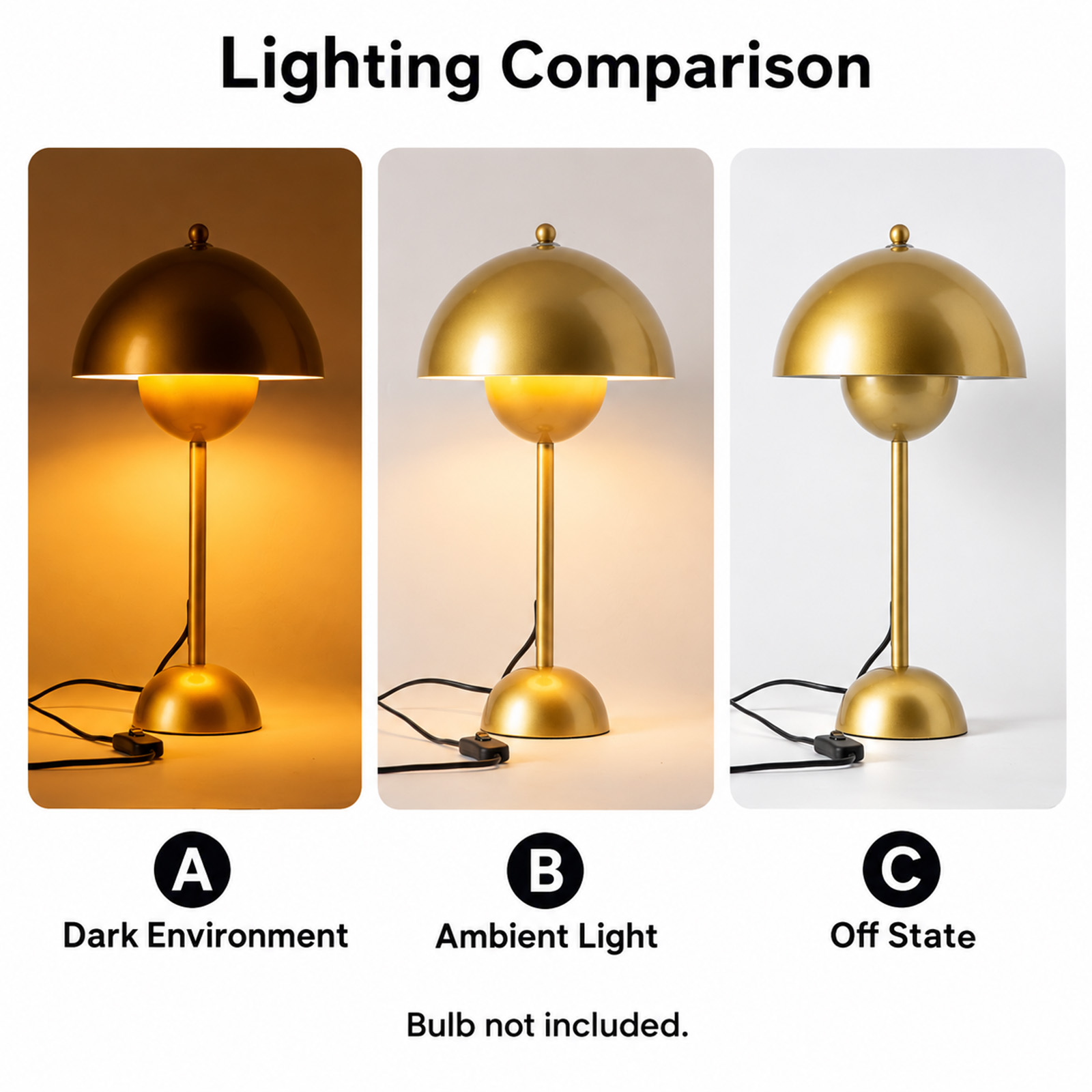 Comparación de iluminación de una lámpara de mesa dorada en tres estados: oscuridad, luz ambiental y apagada.