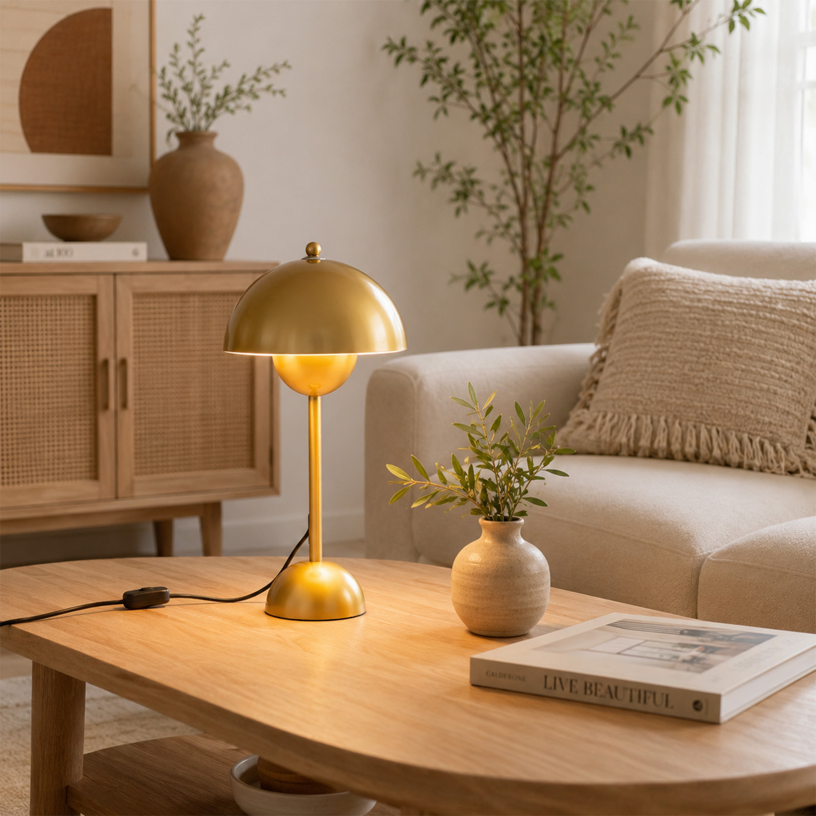 Una lámpara de mesa dorada sobre una mesa de madera en una sala de estar luminosa.