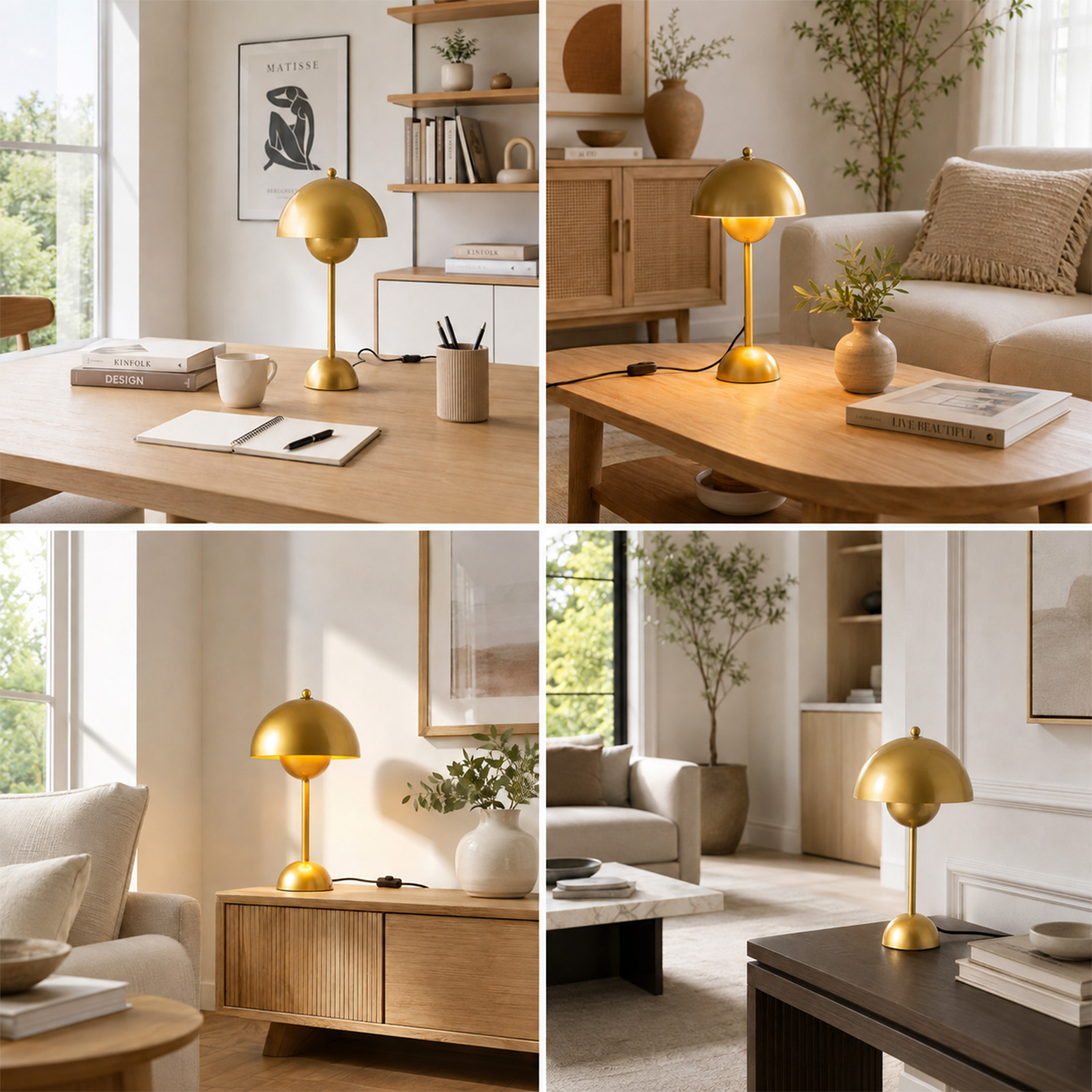 Un collage que muestra una lámpara de mesa dorada en varios ambientes de oficina y sala de estar modernos y luminosos.