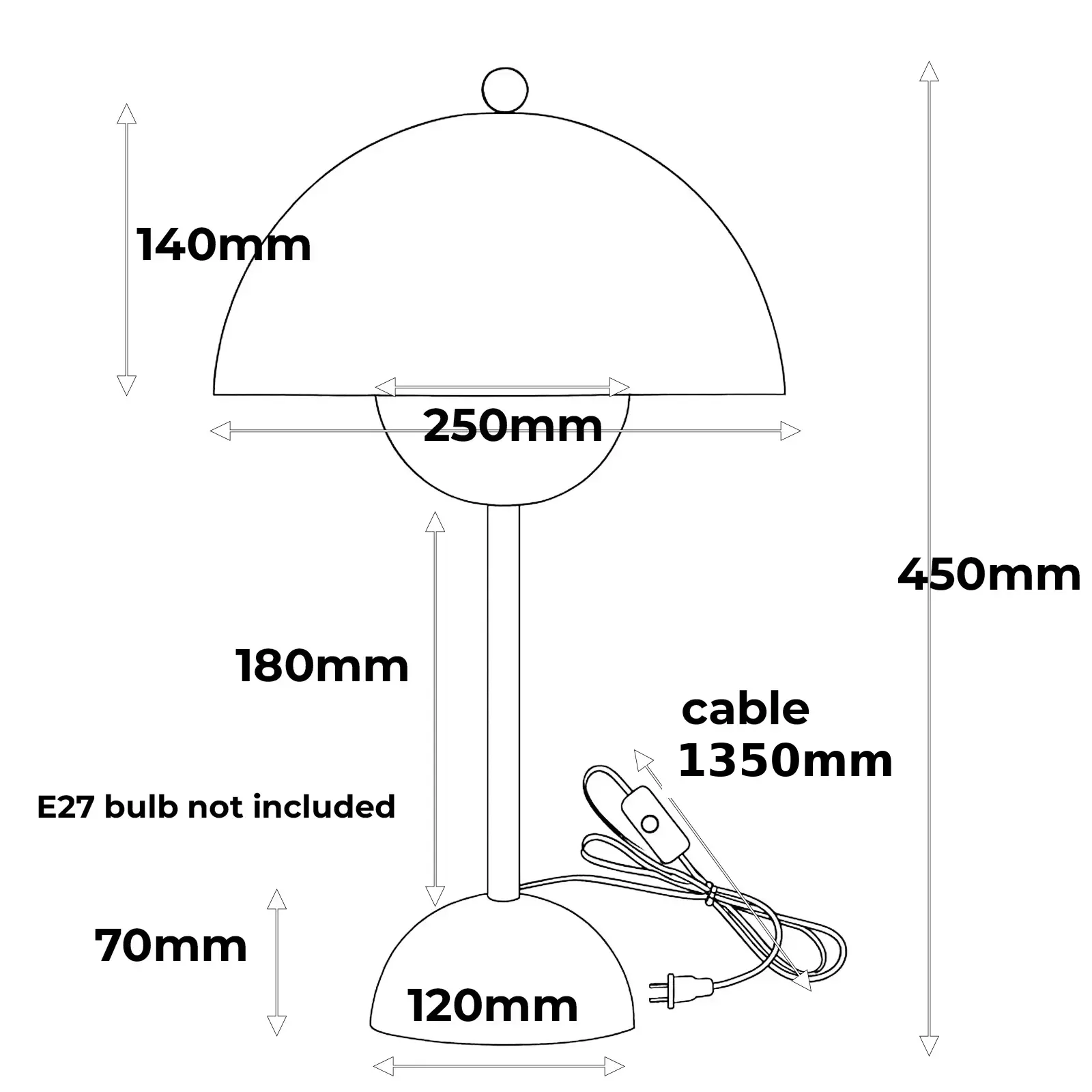 Esquema técnico de una lámpara de mesa con dimensiones en mm, cable con enchufe y texto sobre la bombilla E27.