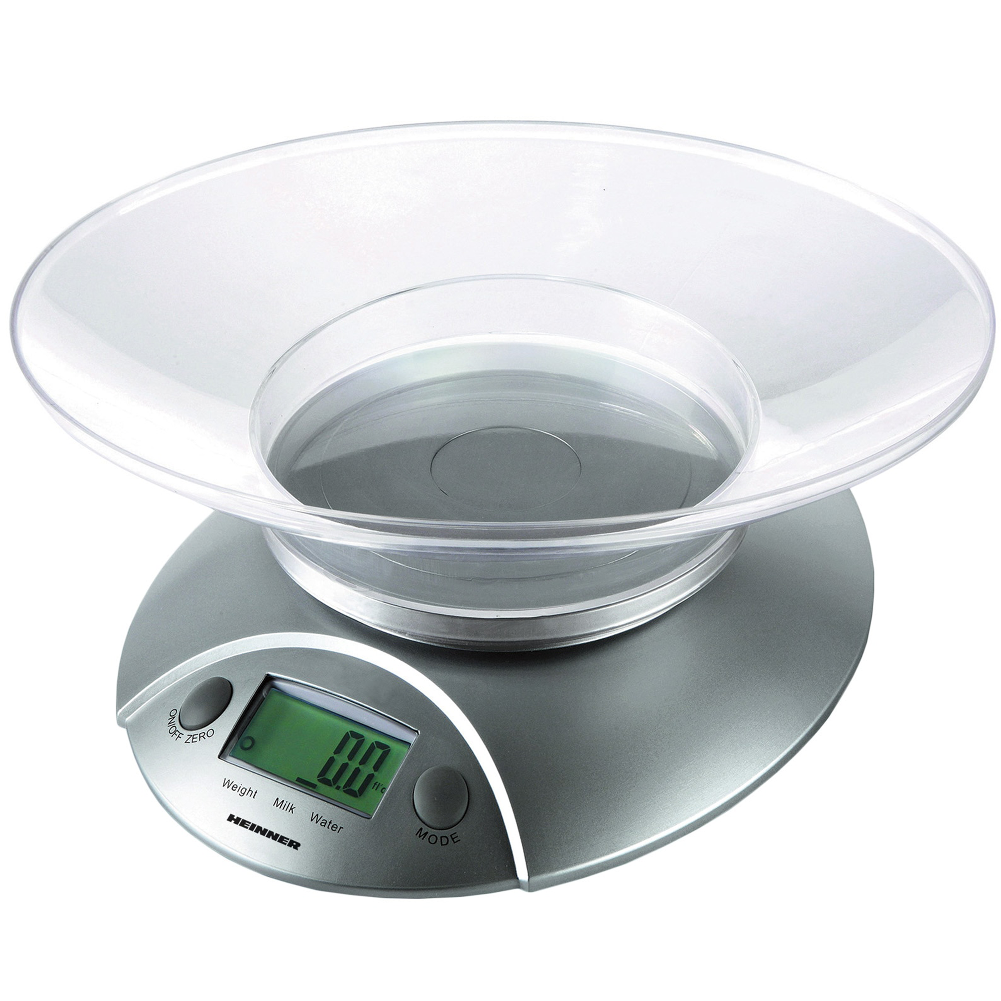 Eine digitale Küchenwaage in Silber mit einer großen, klaren Plastikschüssel und einem grünen LCD-Bildschirm.