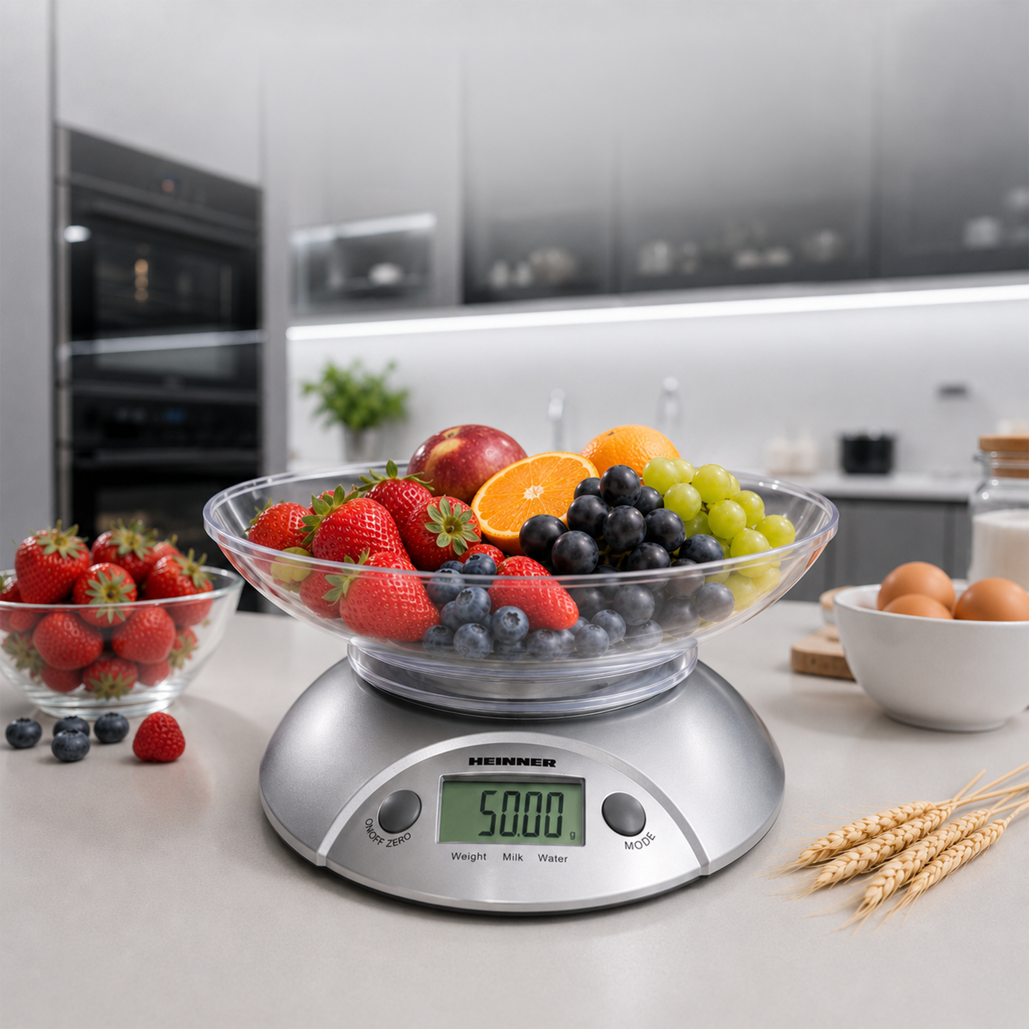Eine digitale Küchenwaage mit einer Schüssel frischem Obst darauf steht auf einer Küchenarbeitsplatte.