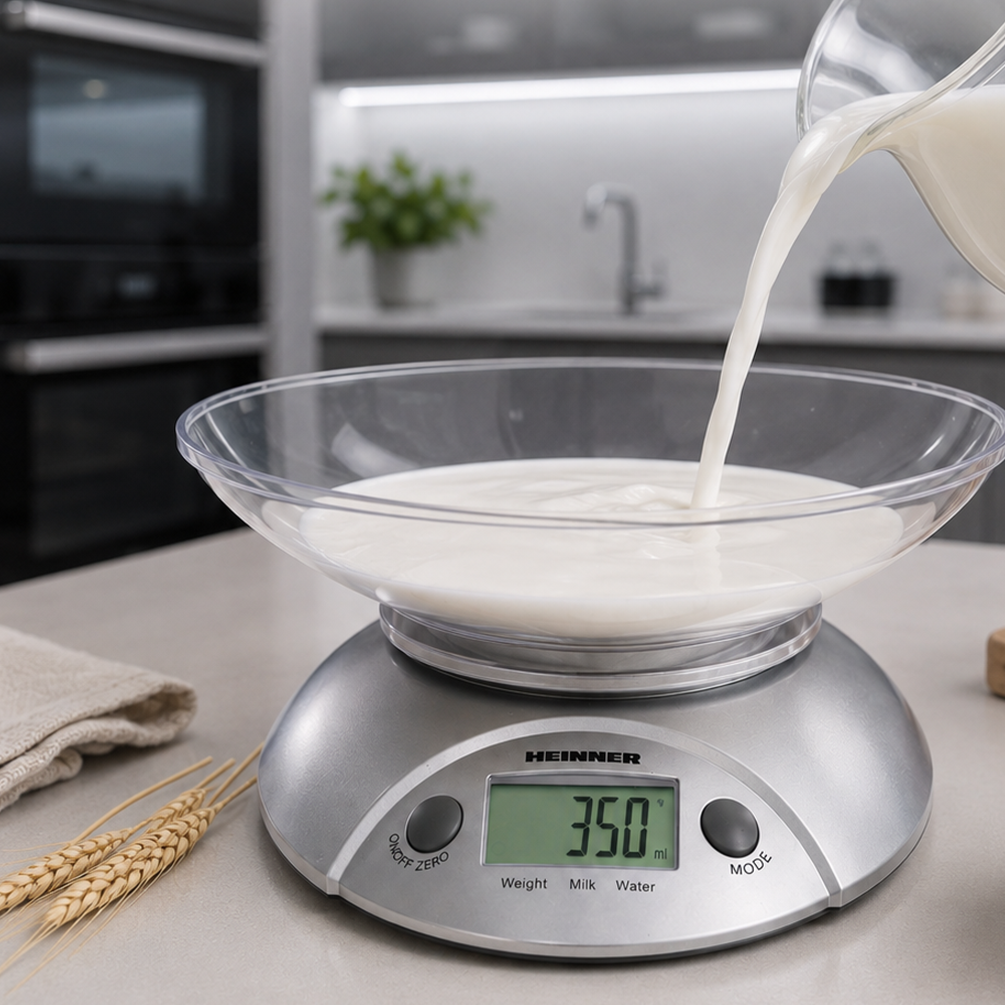 Milch wird aus einem Glas in eine Schüssel auf einer digitalen Küchenwaage gegossen.