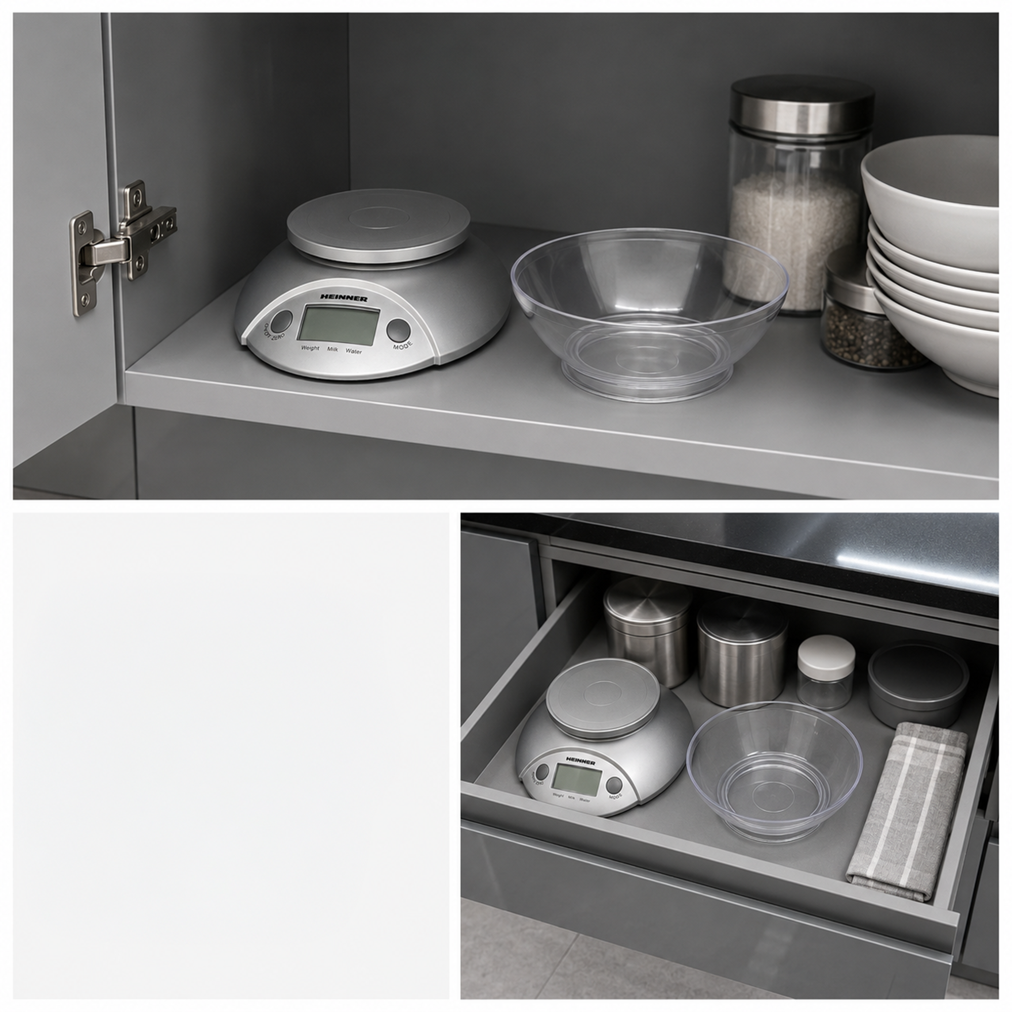 Eine graue Küchenwaage, eine Glasschüssel und Behälter in einem offenen Schrank und einer Schublade.