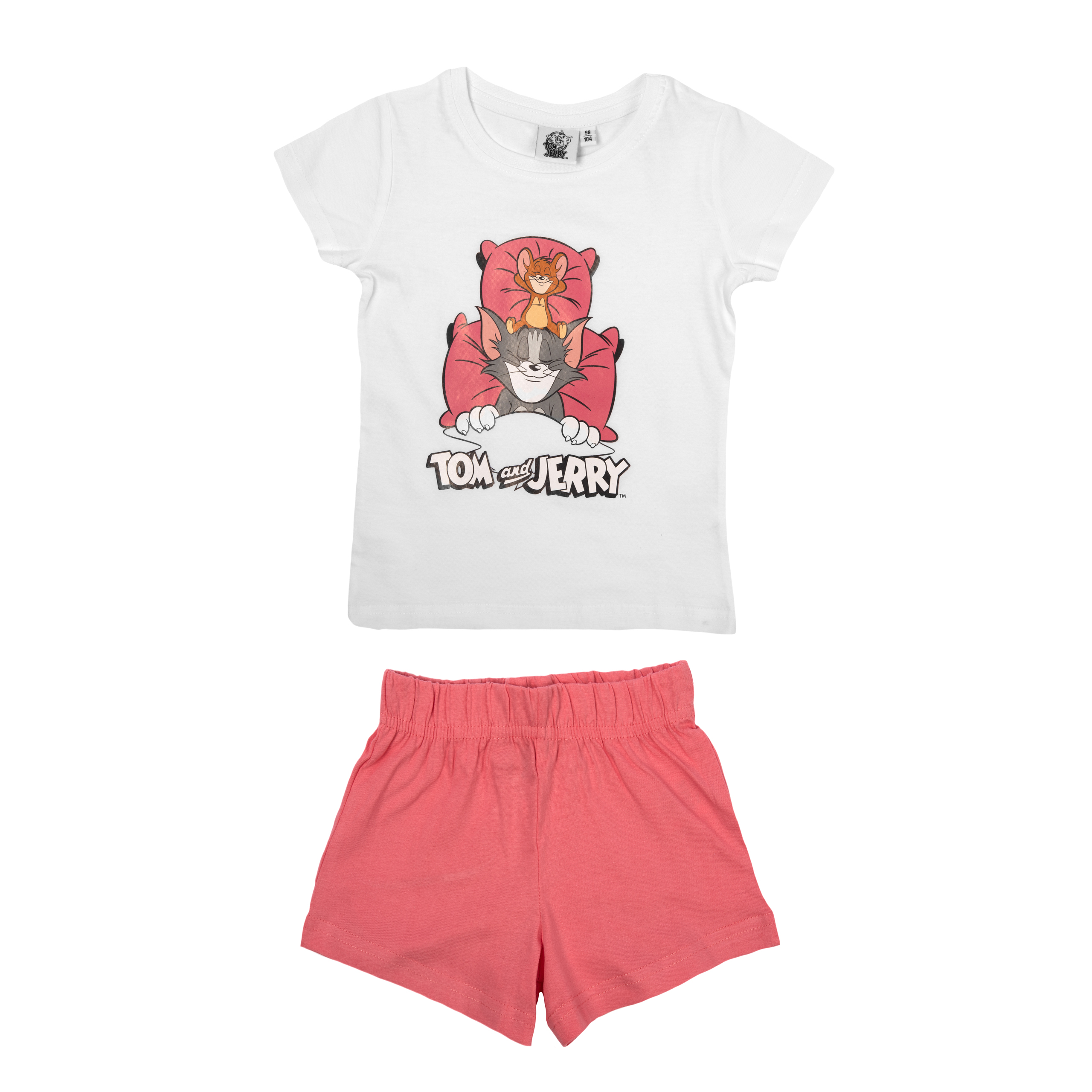 Weißes Kinder-T-Shirt mit Tom-und-Jerry-Druck und rosafarbene Shorts.