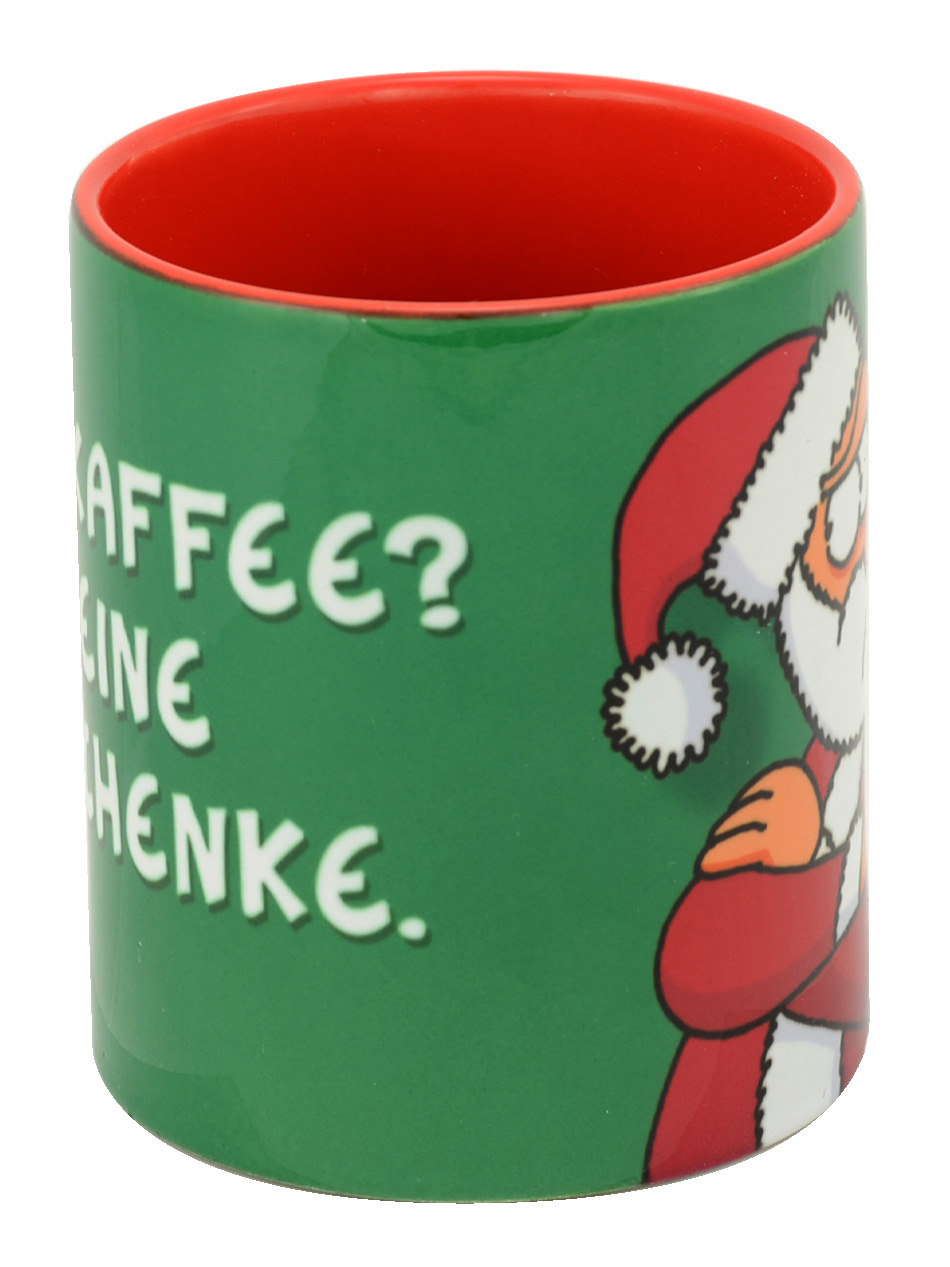 Eine grüne Tasse mit rotem Innenraum, weißer deutscher Aufschrift und einer Weihnachtsmann-Illustration.