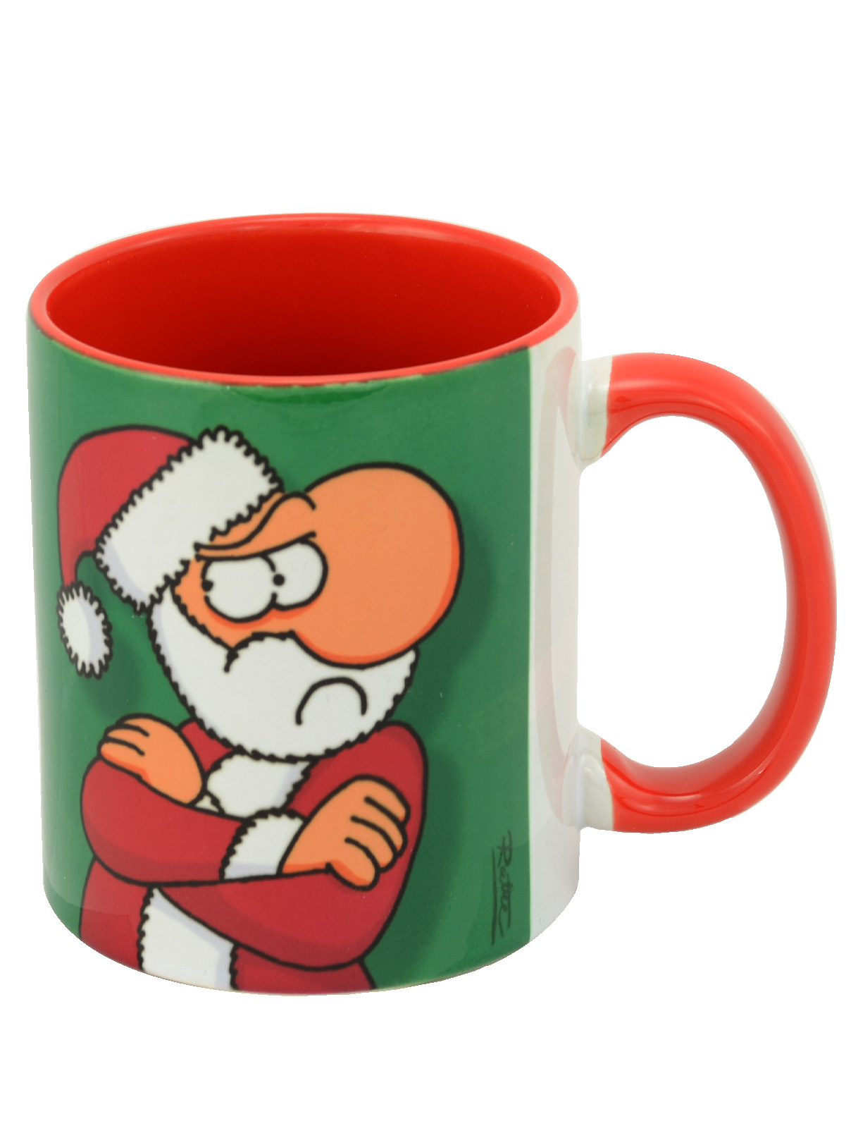 Eine grüne und rote Keramiktasse mit einem grimmigen Weihnachtsmann mit verschränkten Armen vor grünem Hintergrund.