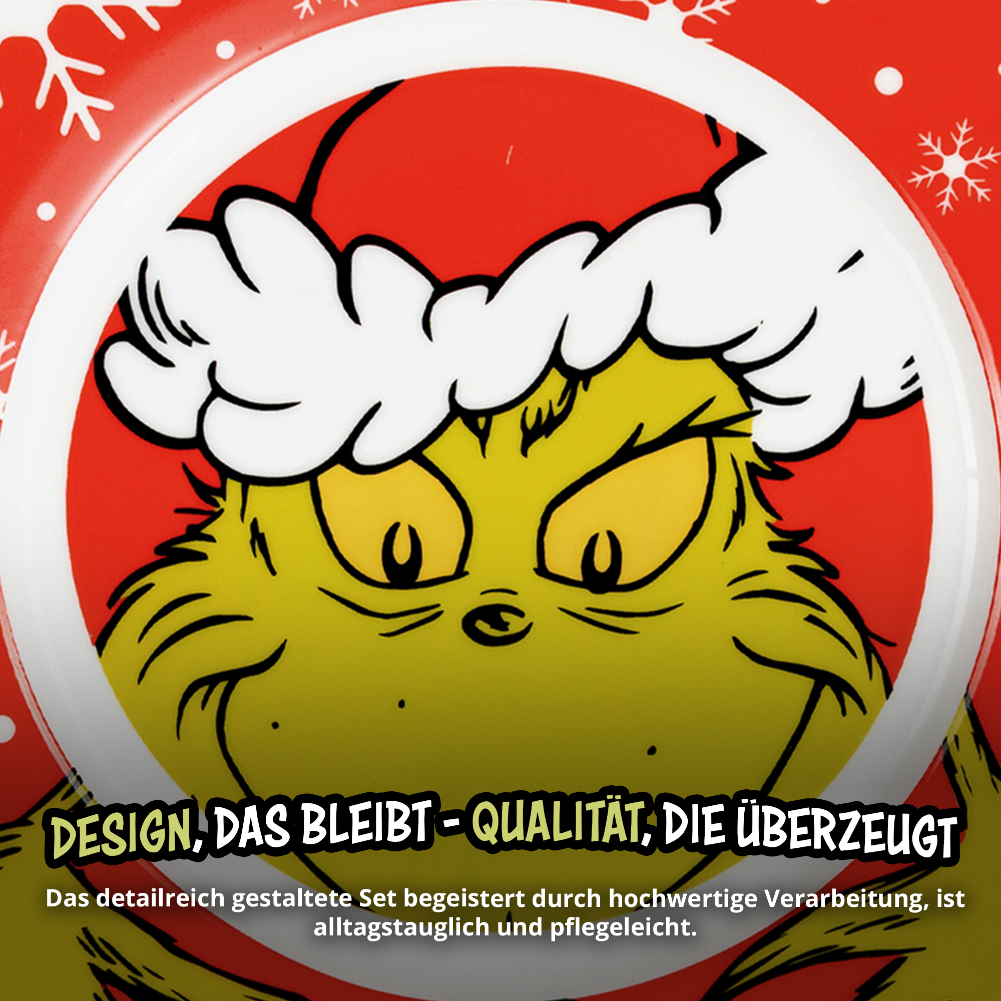 Der Grinch mit Weihnachtsmütze vor rotem Hintergrund mit Schneeflocken. Text auf dem Bild.