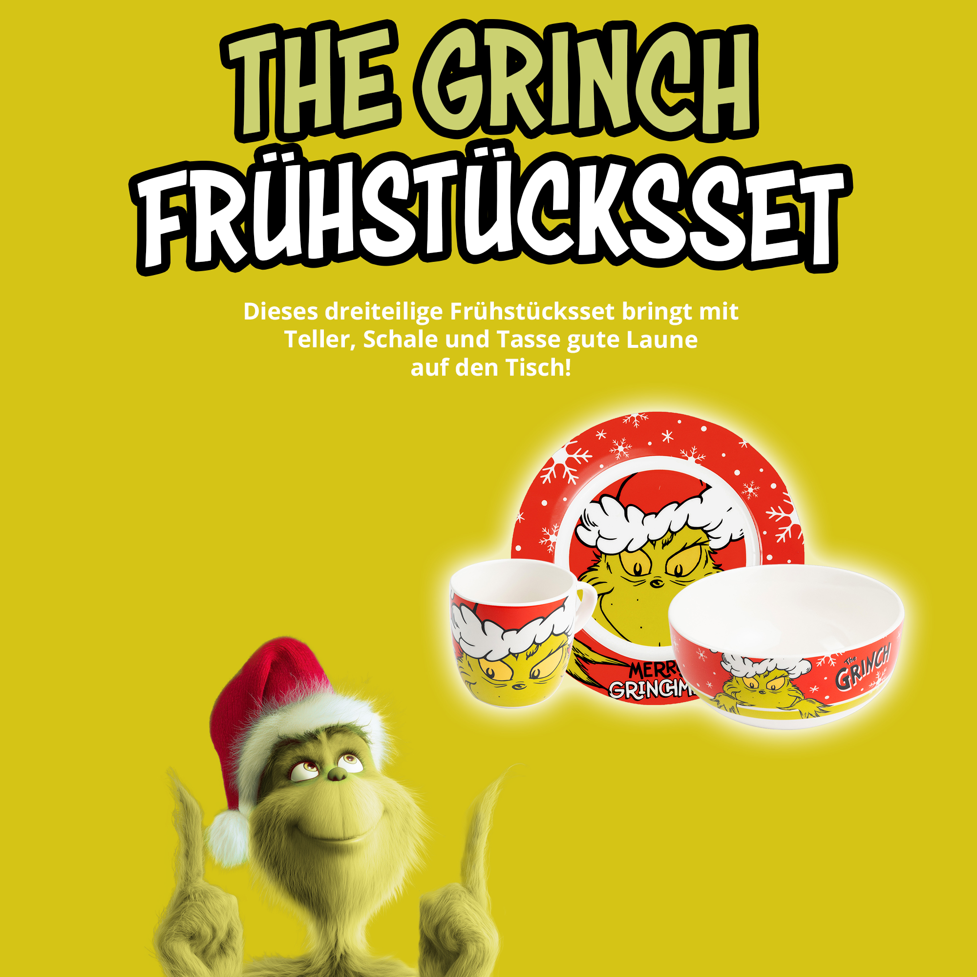 Grinch Frühstücksset mit Teller, Schale und Tasse in festlichem Rot-Weiß-Design.