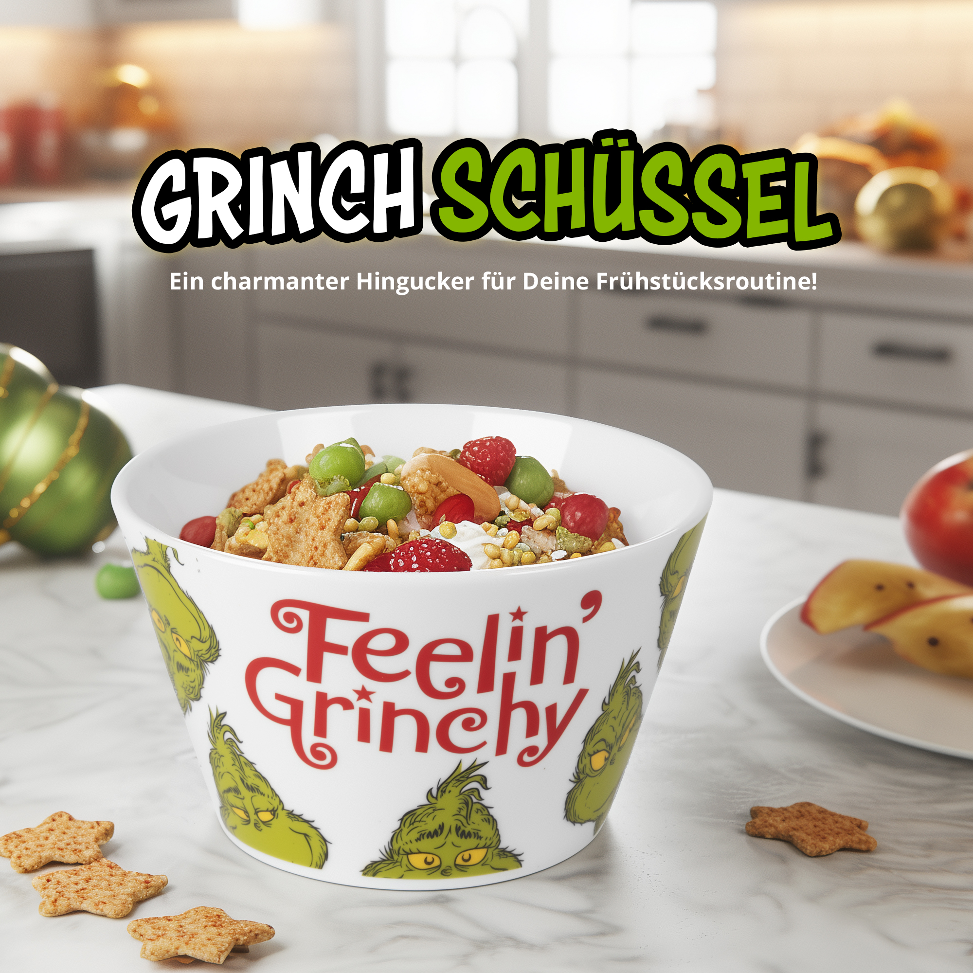 Eine weiße Schüssel mit Müsli, Beeren und Nüssen auf einer Theke, verziert mit Grinch-Illustrationen.
