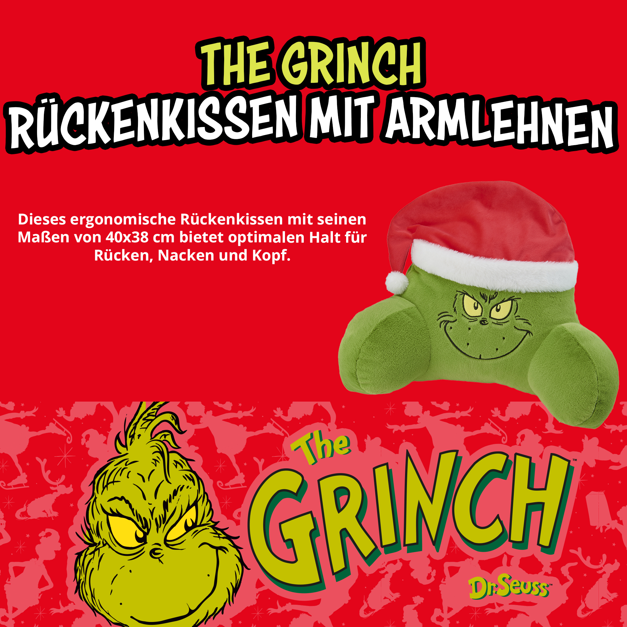 Grinch-Rückenkissen mit Armlehnen und Weihnachtsmütze vor rotem Hintergrund.