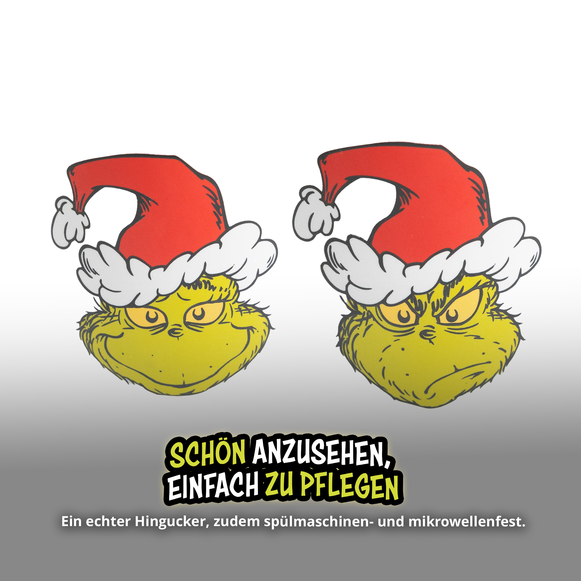 Zwei Grinch-Gesichter mit Weihnachtsmützen und deutscheem Werbetext.