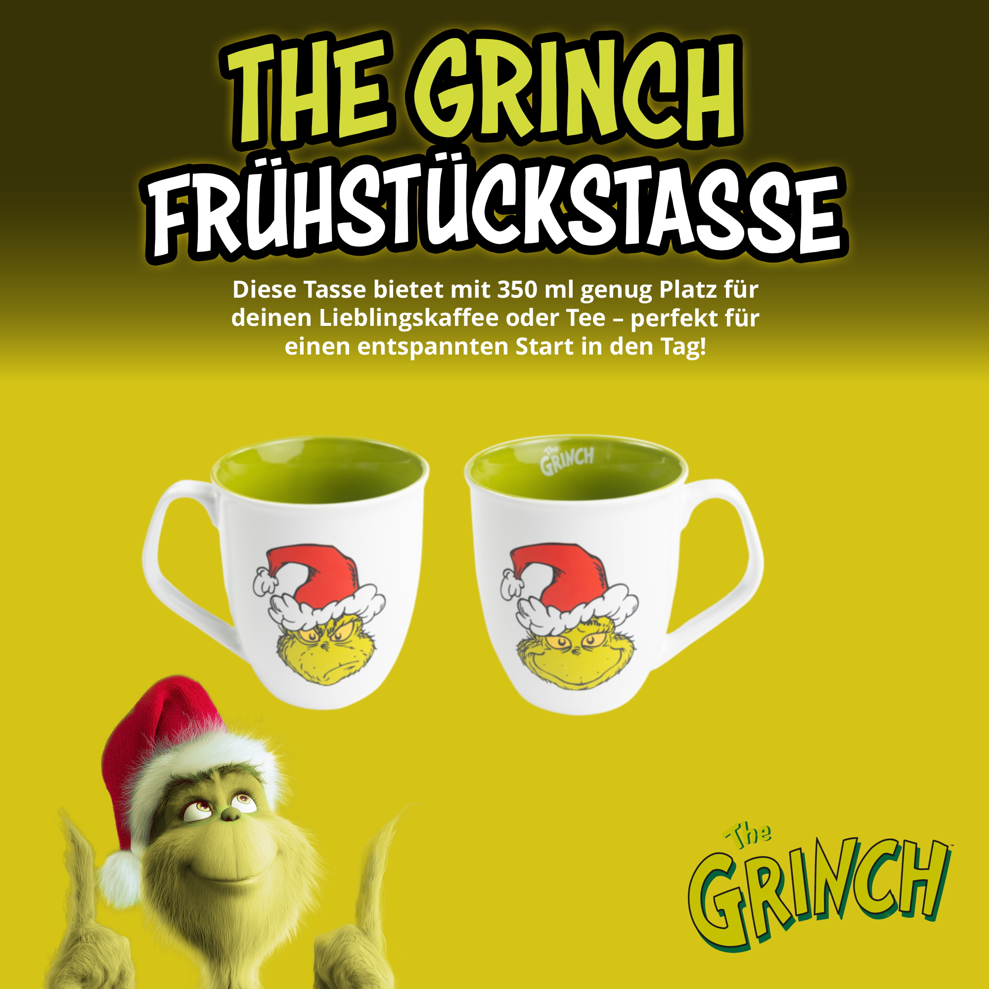 The Grinch Tassen mit 350 ml, weiß mit grünem Inneren und Grinch-Motiv in Weihnachtsmütze vor gelbem Hintergrund.