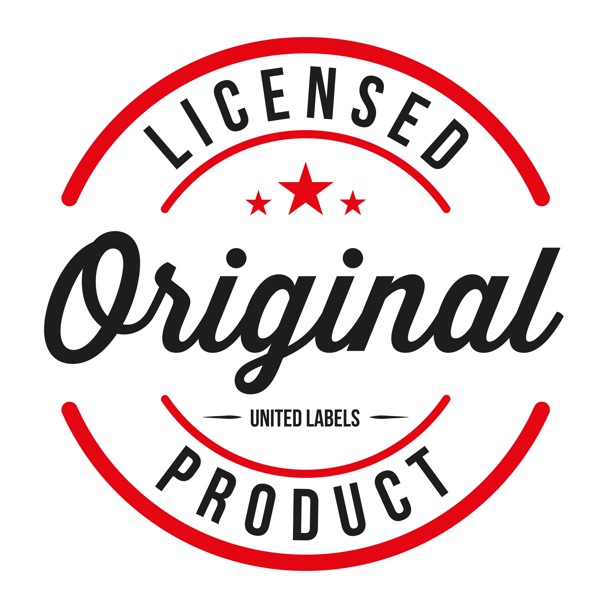 Ein rot-schwarzes Abzeichen mit dem Text Licensed Original Product und drei roten Sternen.