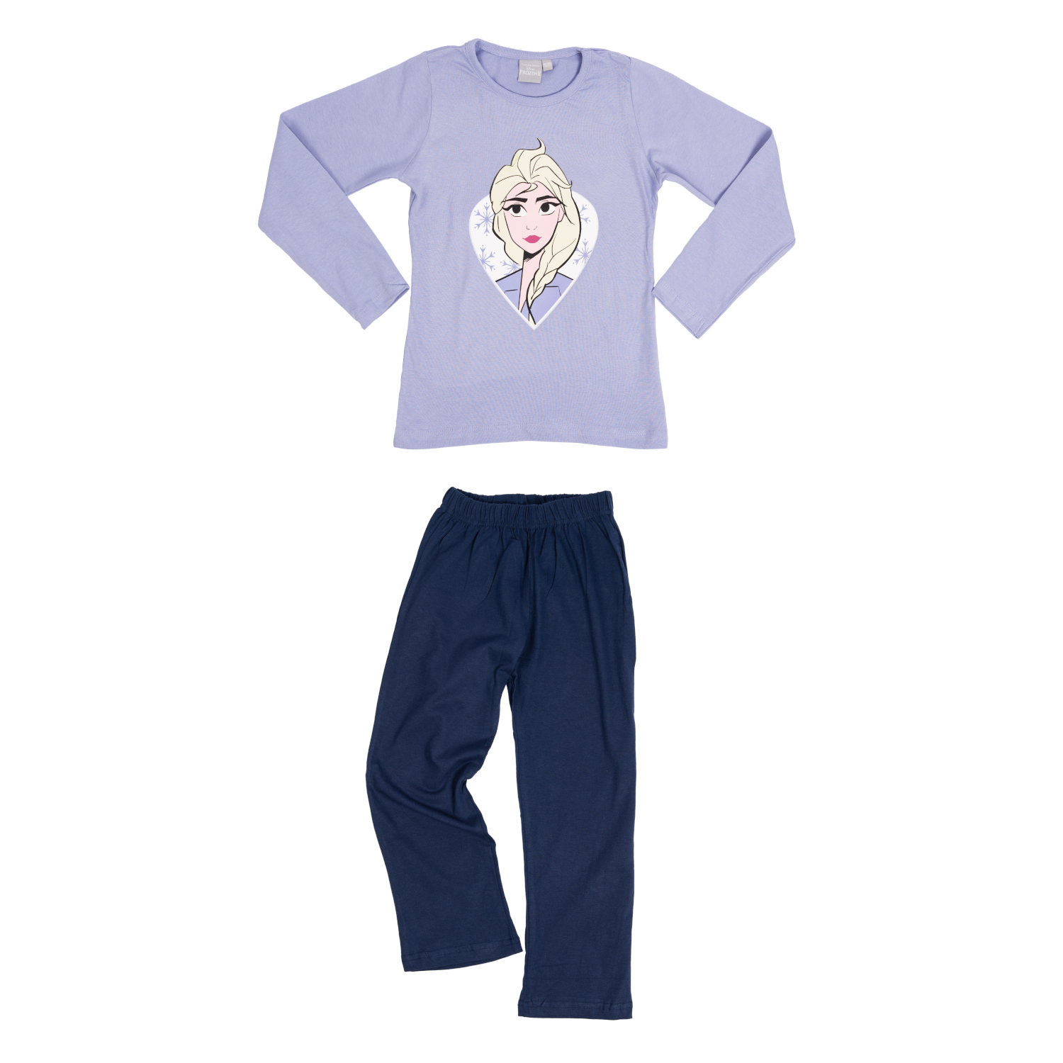 Ein hellviolettes Langarmshirt mit Elsa-Druck und dunkelblaue Hose auf weißem Hintergrund.