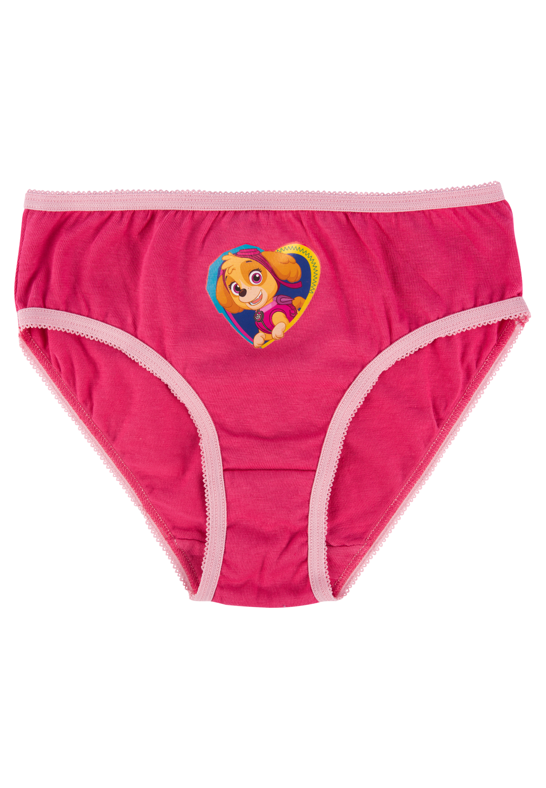 Rosa Mädchen-Slip mit elastischem Bund und Skye aus Paw Patrol in einem gelben Herz auf der Vorderseite.