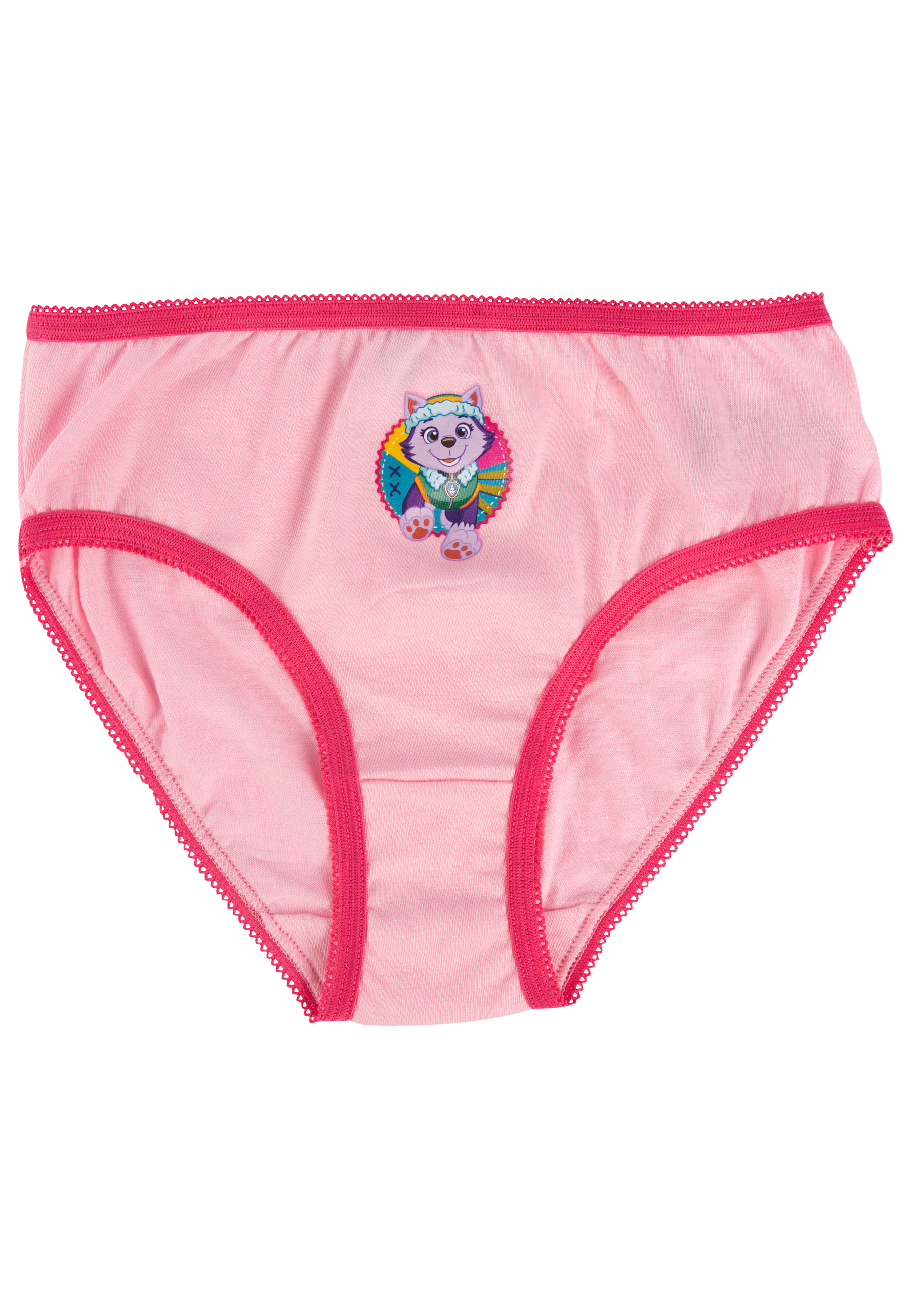 Rosa Mädchenunterhose mit rotem Gummiband und einem kleinen lila Katzenprint auf der Vorderseite.