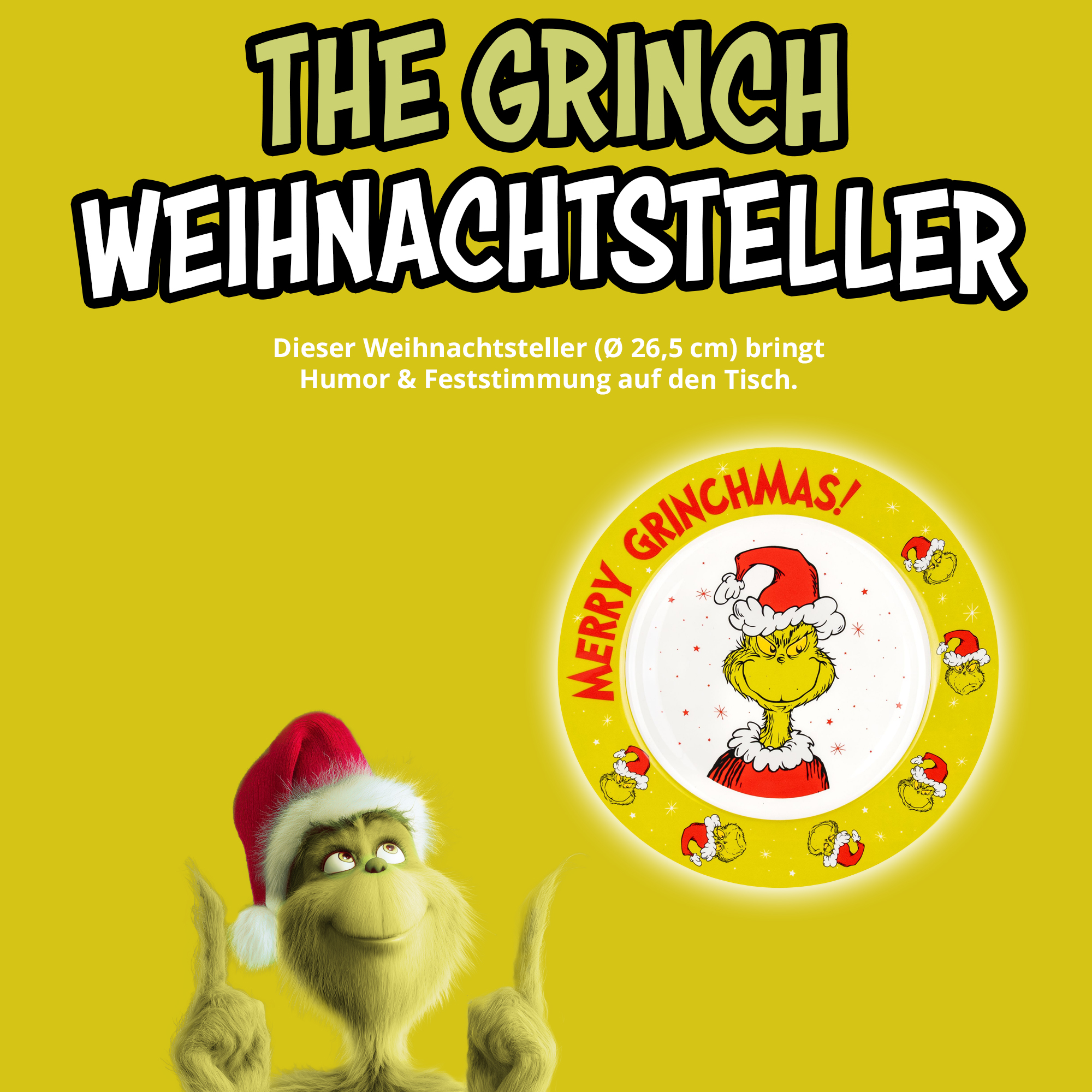 Grinch zeigt auf einen gelben Weihnachtsteller mit roter Aufschrift Merry Grinchmas und Grinch-Motiven.