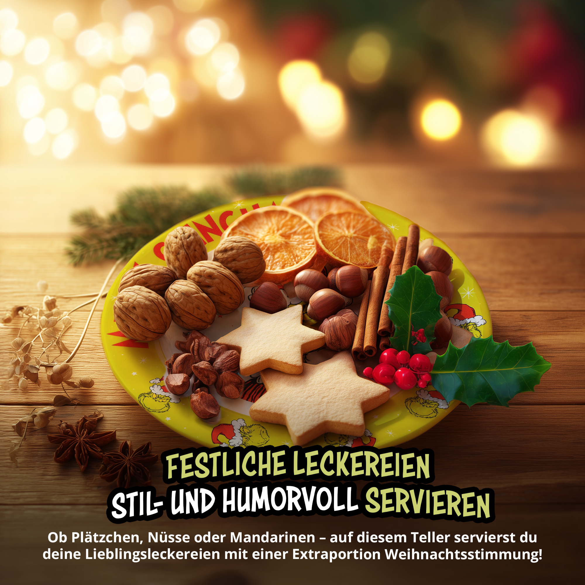 Festlicher Teller mit Plätzchen, Nüssen, Orangenscheiben und Zimtstangen auf Holz.