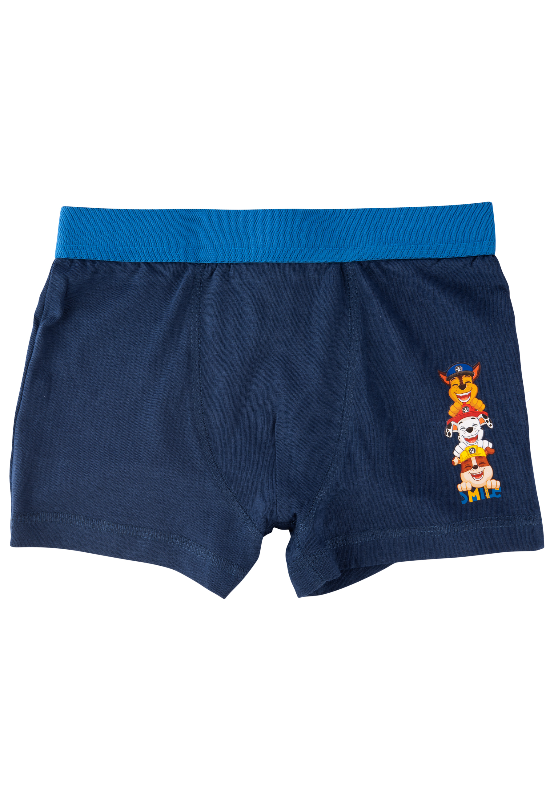 Dunkelblaue Boxerhosen mit breitem Bund und niedlichen Cartoon-Hunden auf dem rechten Bein.