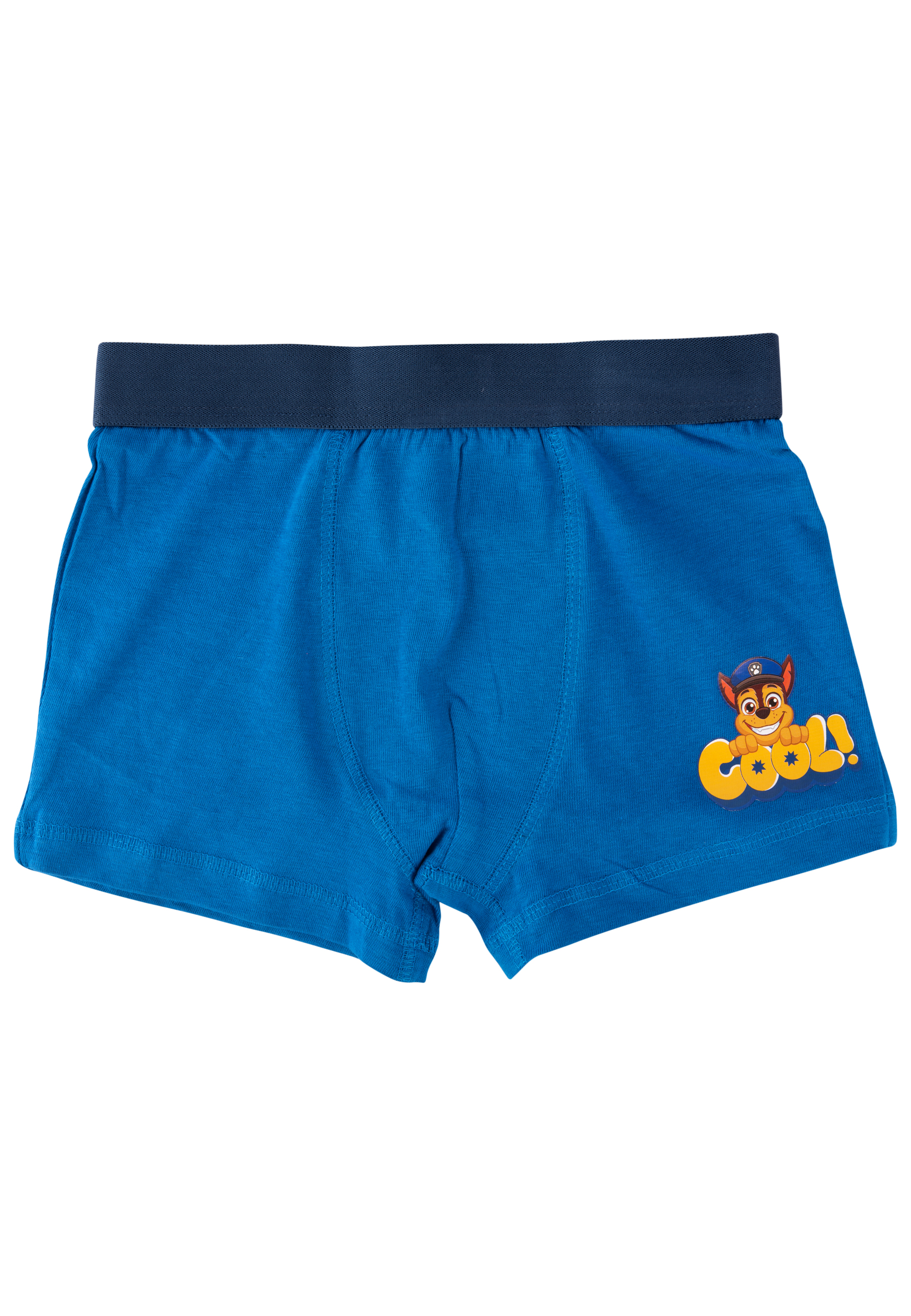Blaue Boxer-Shorts mit dunklem Bund und Paw Patrol Motiv.