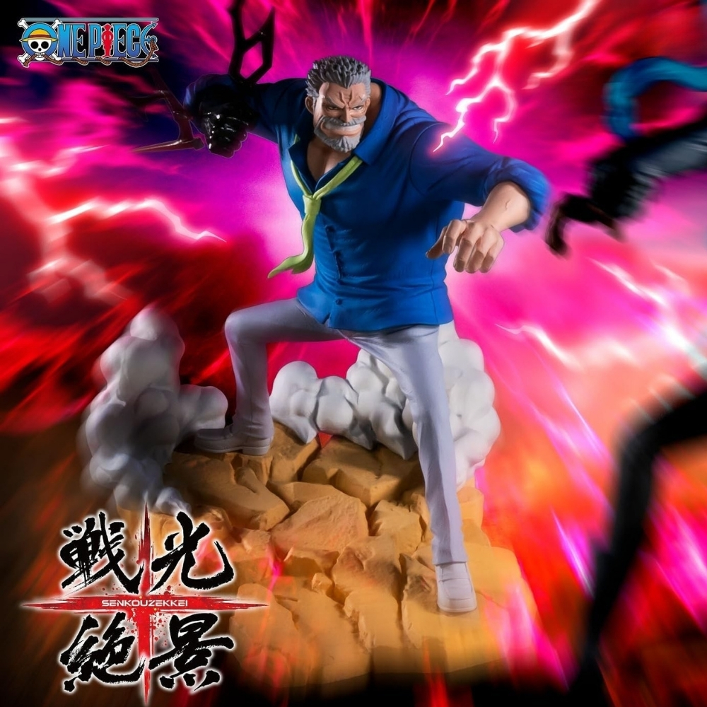 Figura de acción de Garp de One Piece en pose dinámica entre energía rosa y humo.