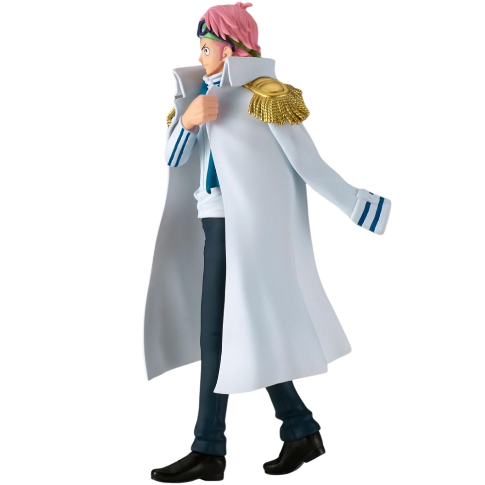 Anime-Figur mit rosa Haaren, weißem Mantel mit goldenen Epauletten und dunklen Hosen.