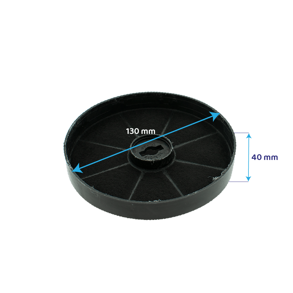 Schwarzer runder Aktivkohlefilter mit einem Durchmesser von 130 mm und einer Höhe von 40 mm.