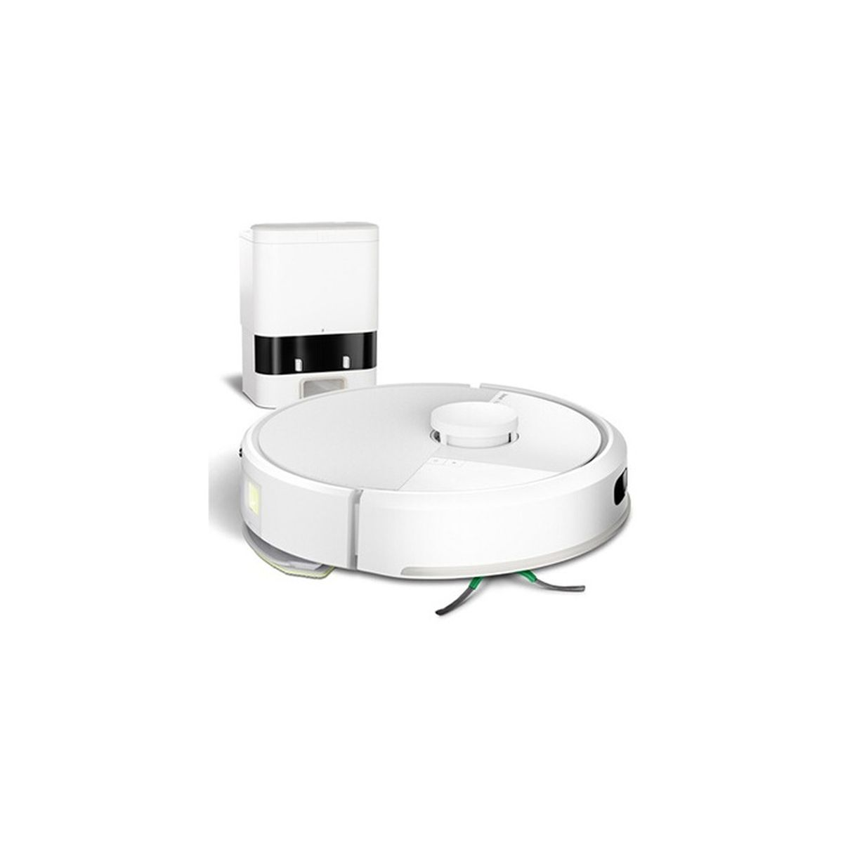 Un robot aspirador blanco con cepillo lateral negro y estación de carga blanca sobre fondo blanco.