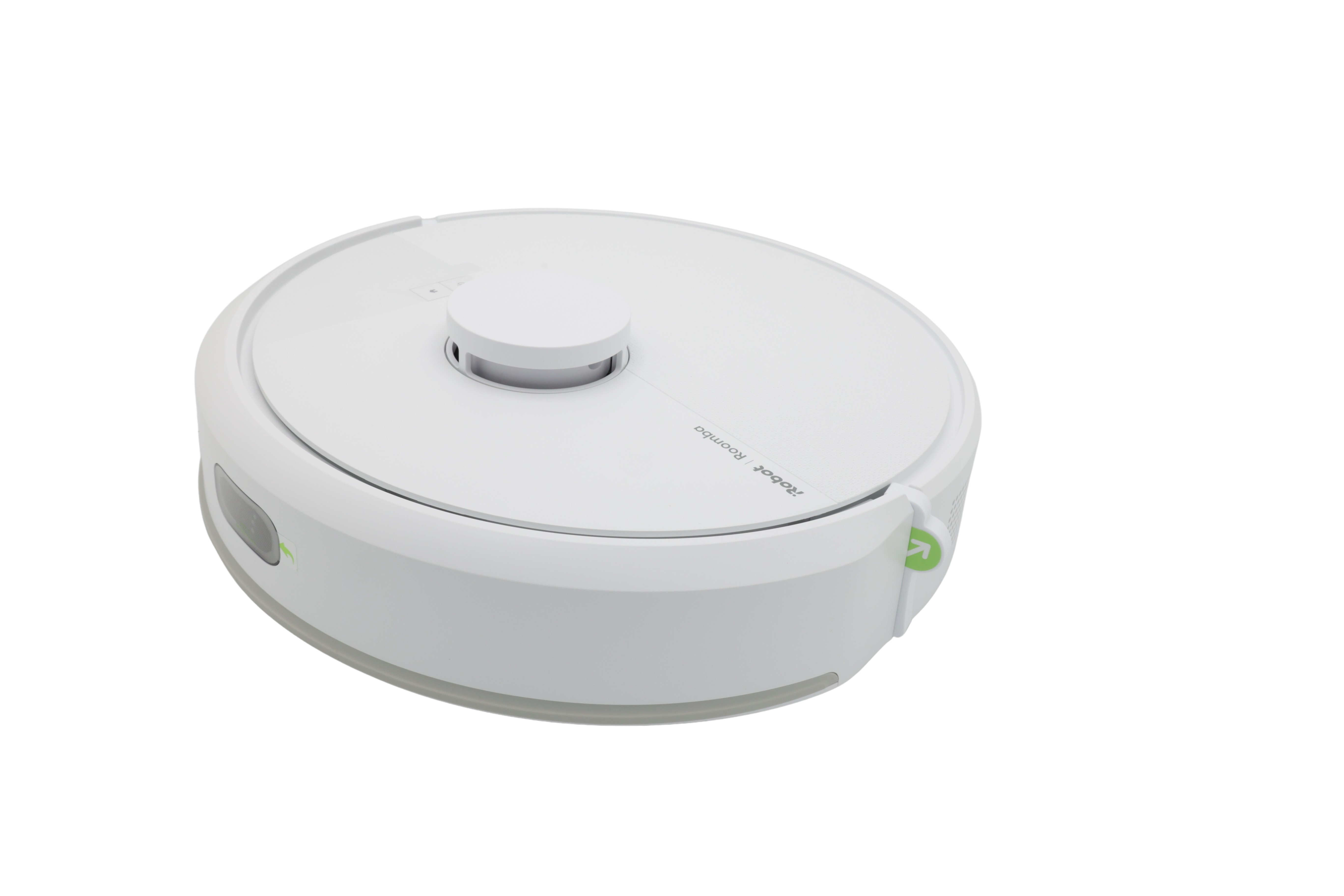 Un robot aspirador blanco con torreta de sensores sobre fondo blanco.