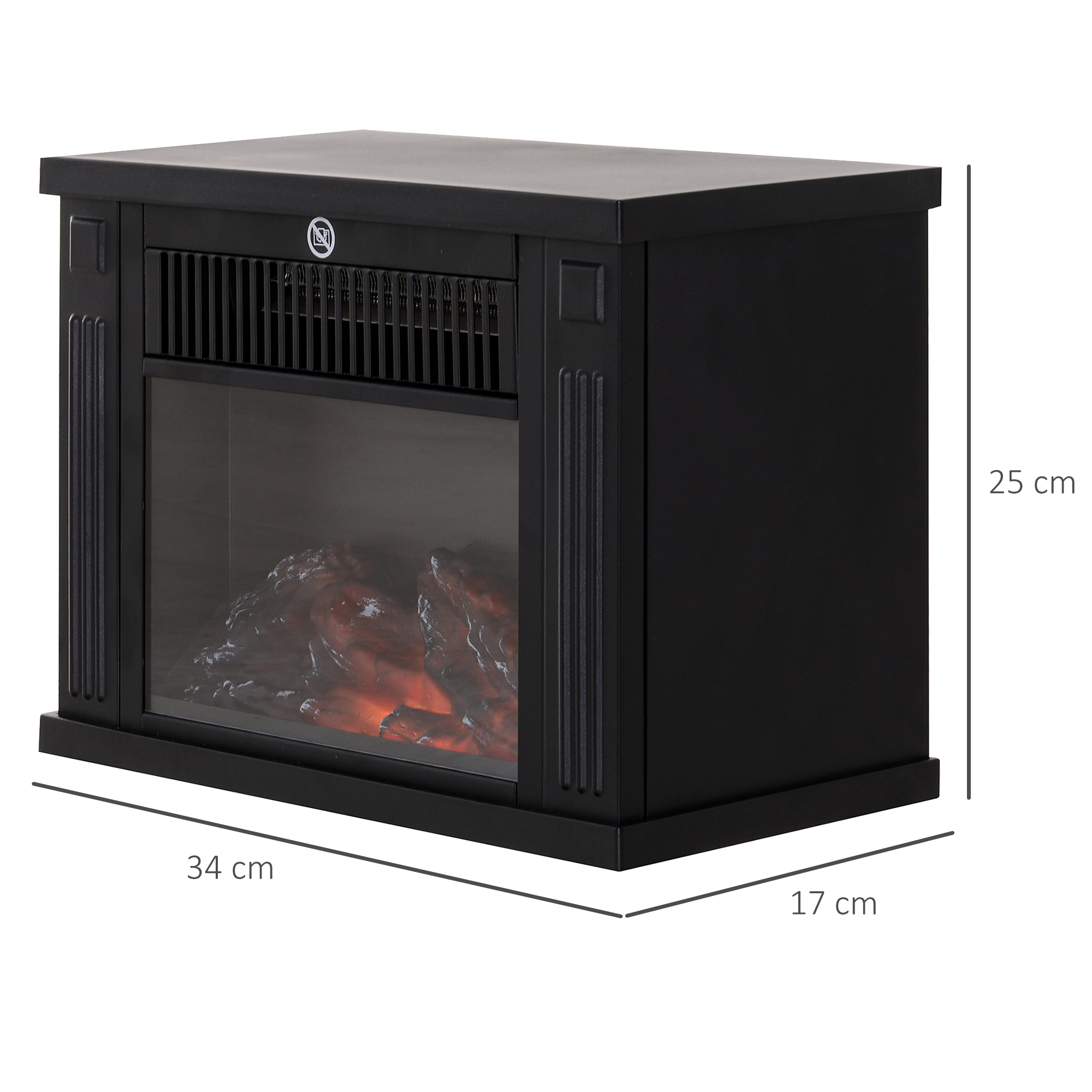 Chimenea eléctrica negra con dimensiones: 34 cm de ancho, 17 cm de profundidad, 25 cm de alto.