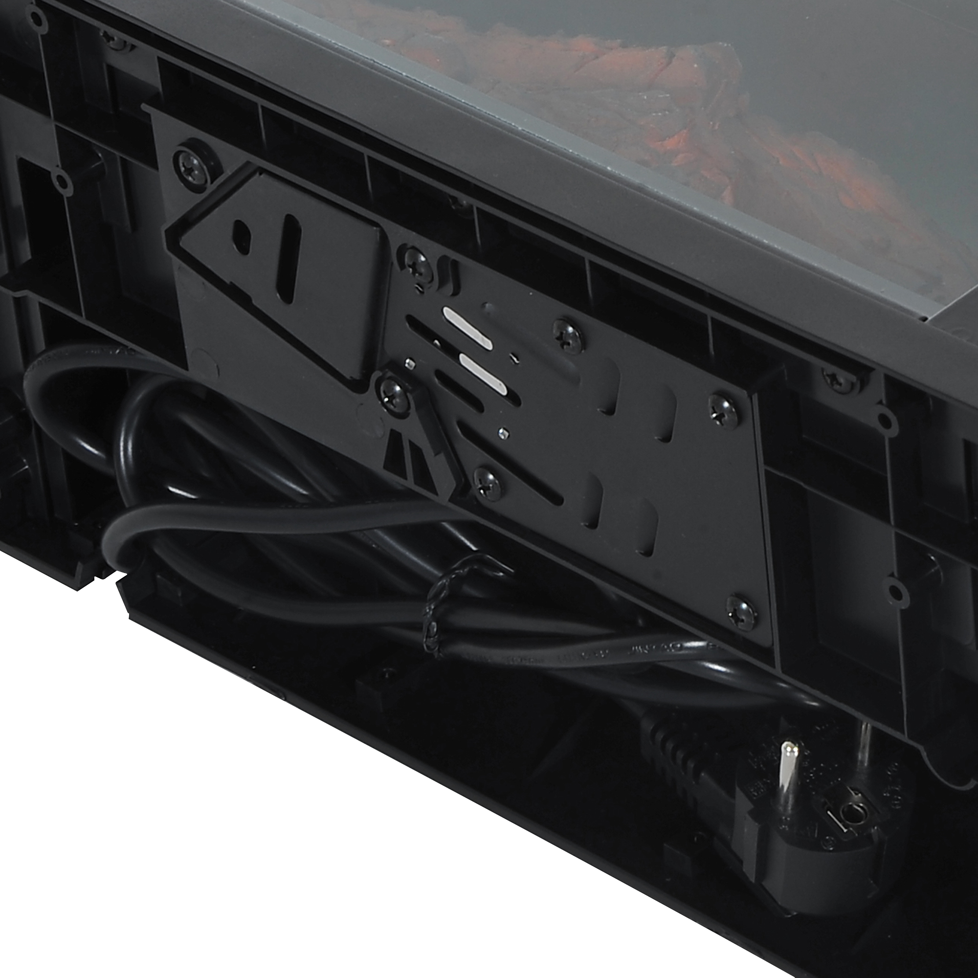 Parte trasera de un dispositivo negro con un soporte metálico y cable de alimentación enrollado.