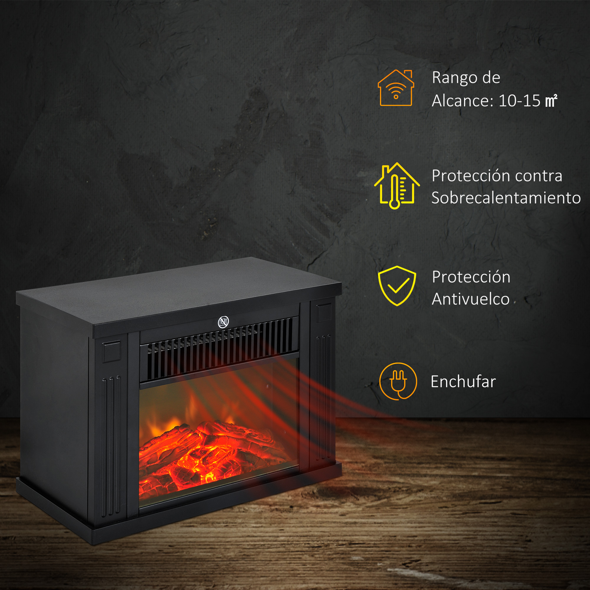 Chimenea eléctrica con fuego simulado sobre suelo de madera e iconos de alcance, protección y enchufe.