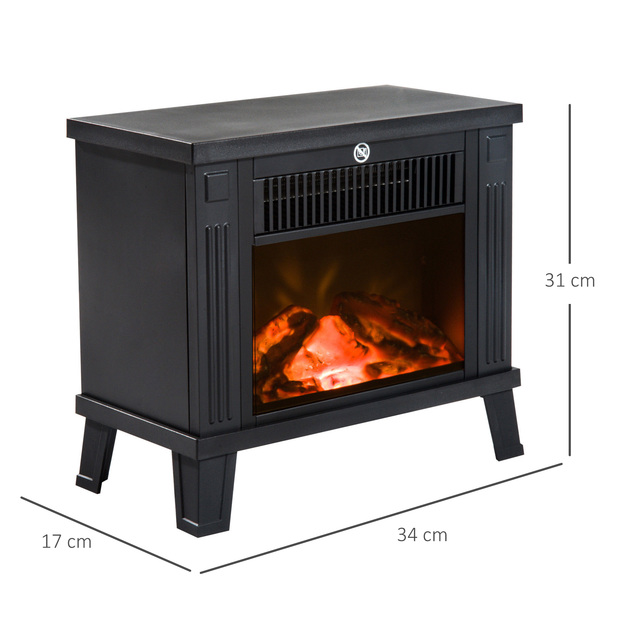 Una pequeña chimenea eléctrica negra con llamas LED y líneas de dimensión en centímetros sobre fondo blanco.