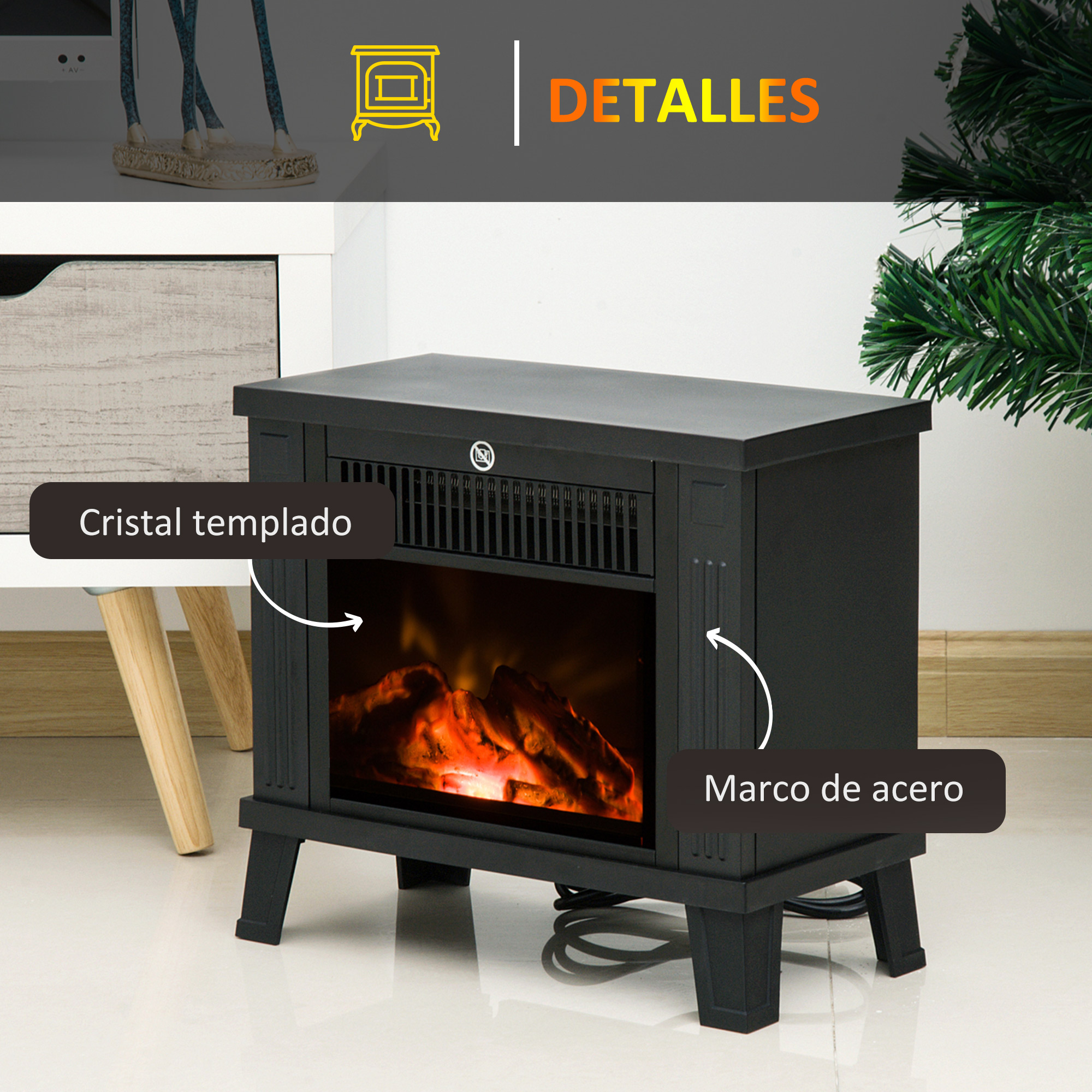 Una chimenea eléctrica negra con marco de acero y cristal templado muestra fuego simulado.