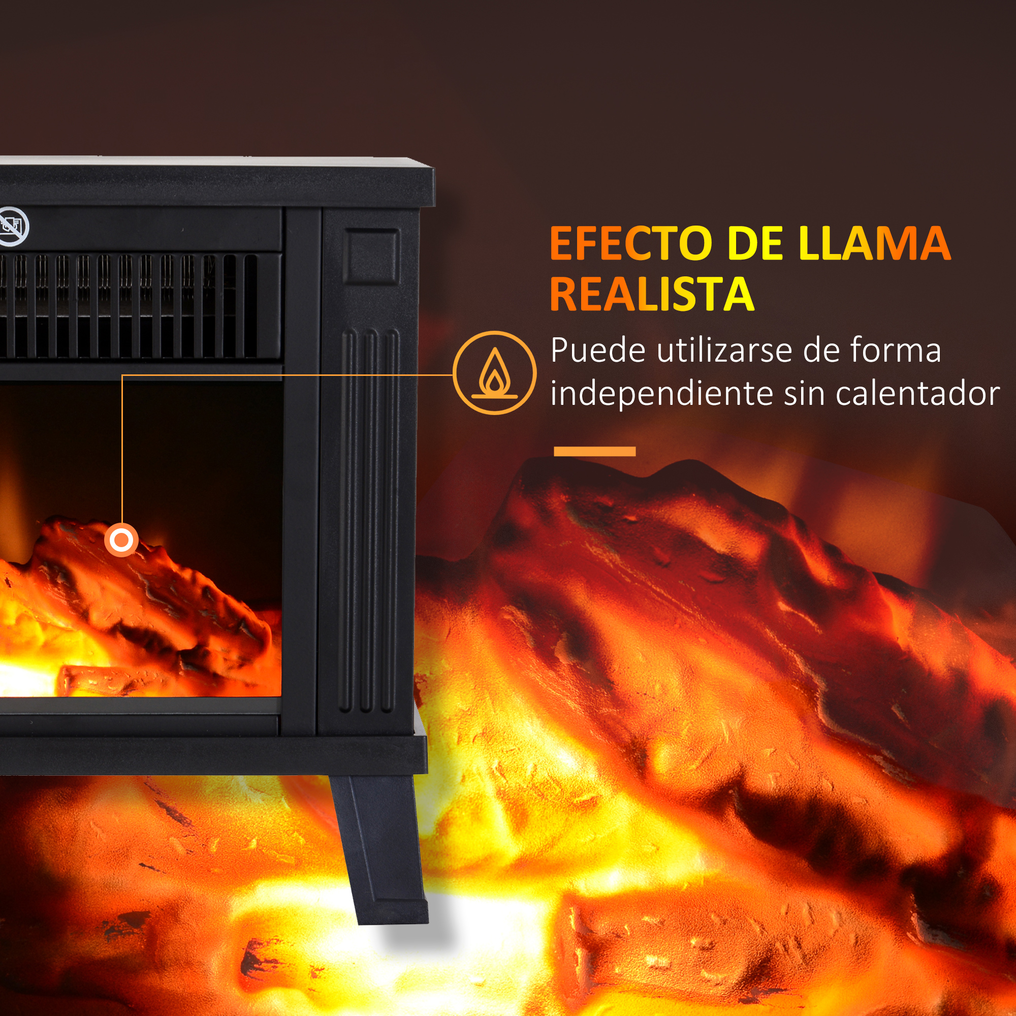 Chimenea eléctrica con efecto de llama realista utilizable sin calefactor.