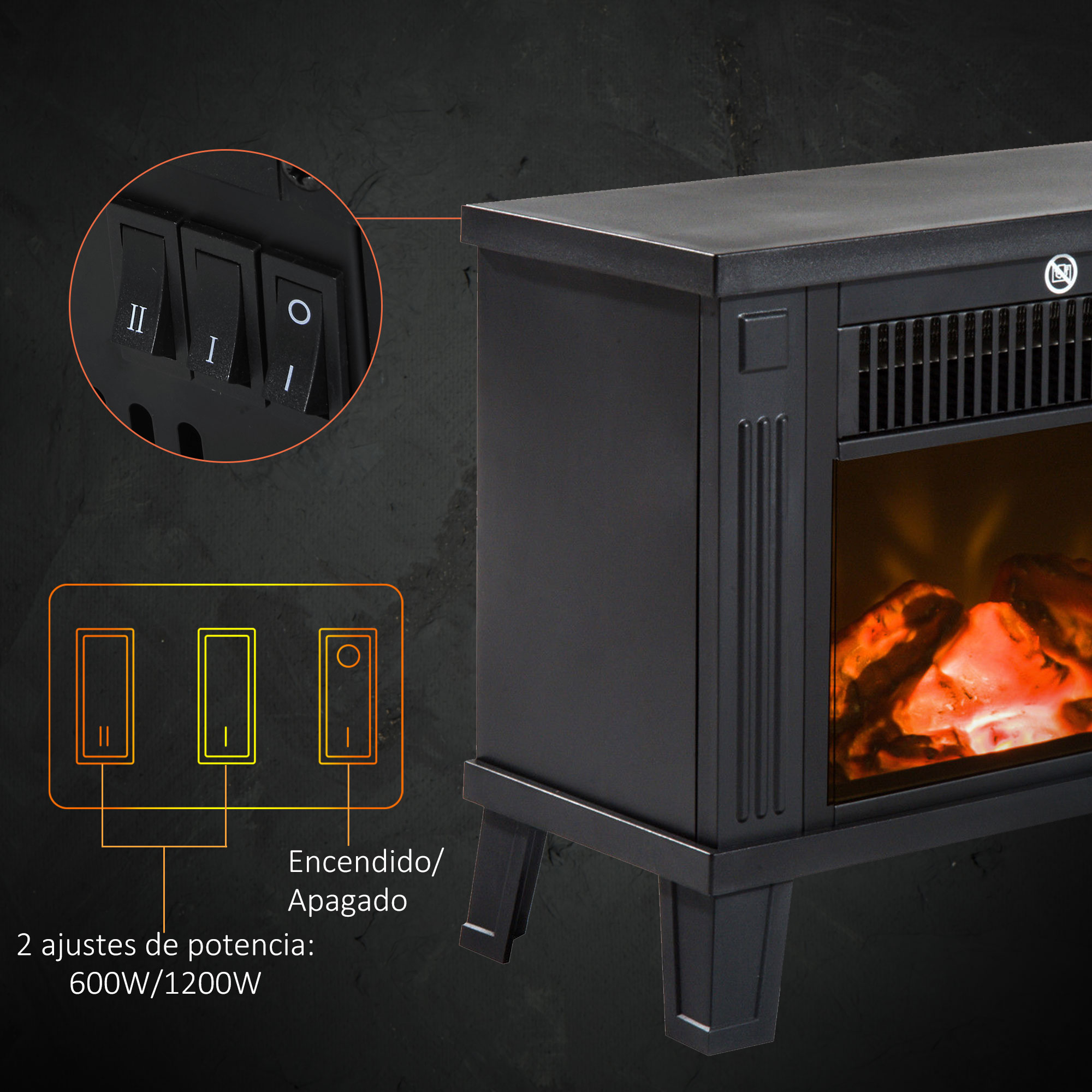 Chimenea eléctrica negra con controles para dos niveles de potencia y un interruptor de encendido.