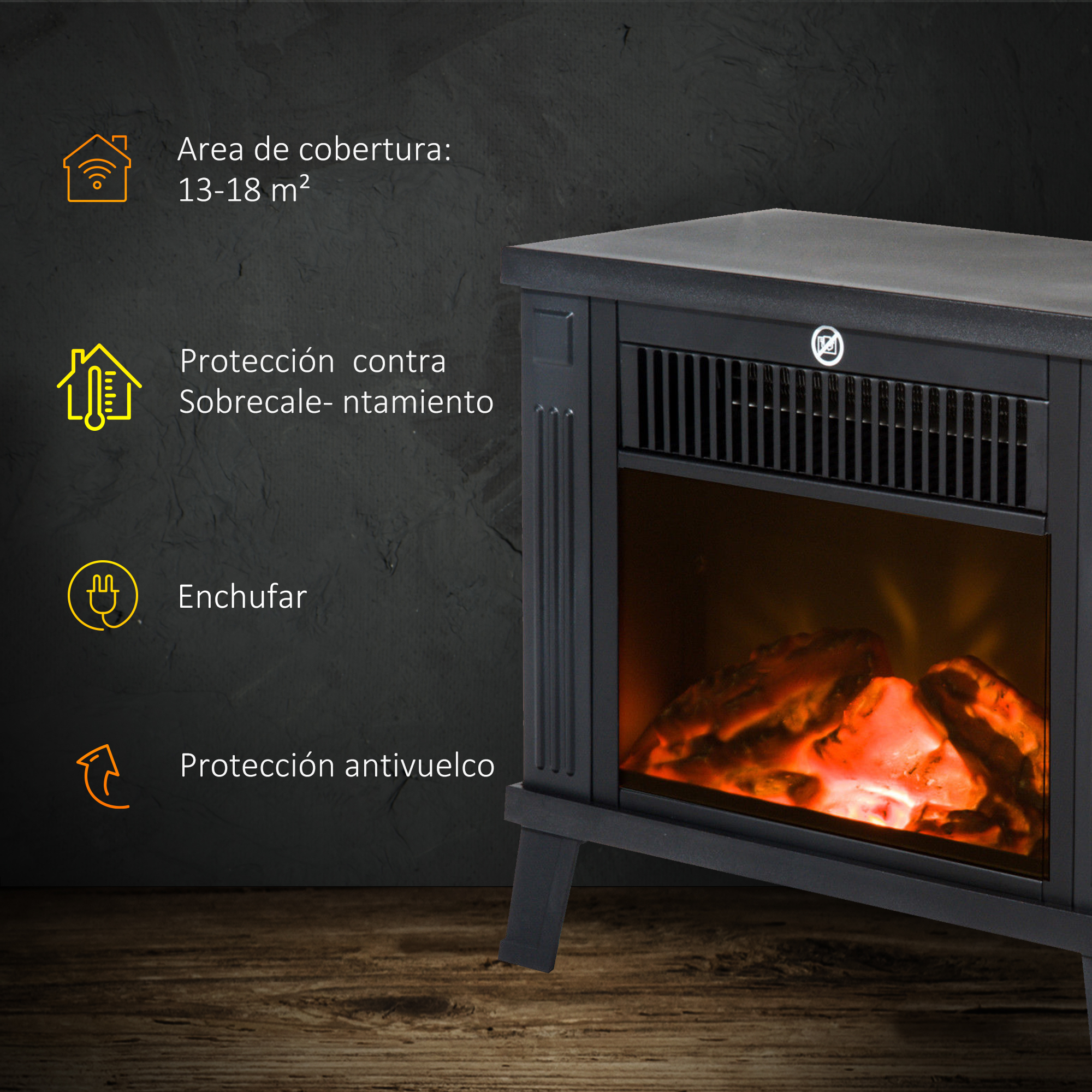 Chimenea eléctrica con leños incandescentes sobre madera, fondo gris oscuro, con texto de características en español.