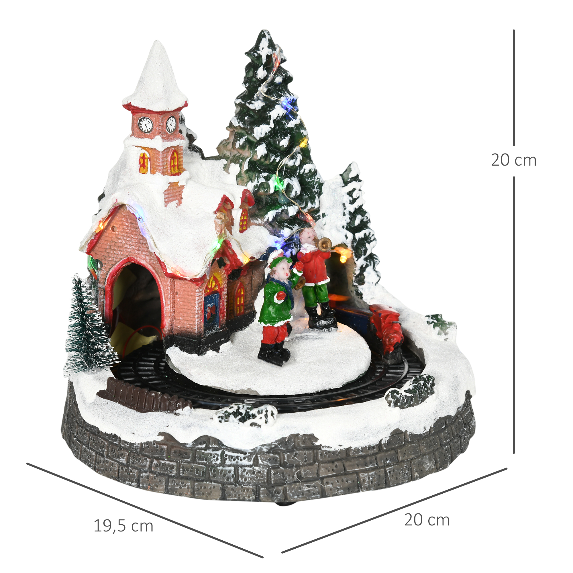Figura de pueblo navideño iluminada con casa, árboles, figuras y tren, de 19,5 x 20 x 20 cm.