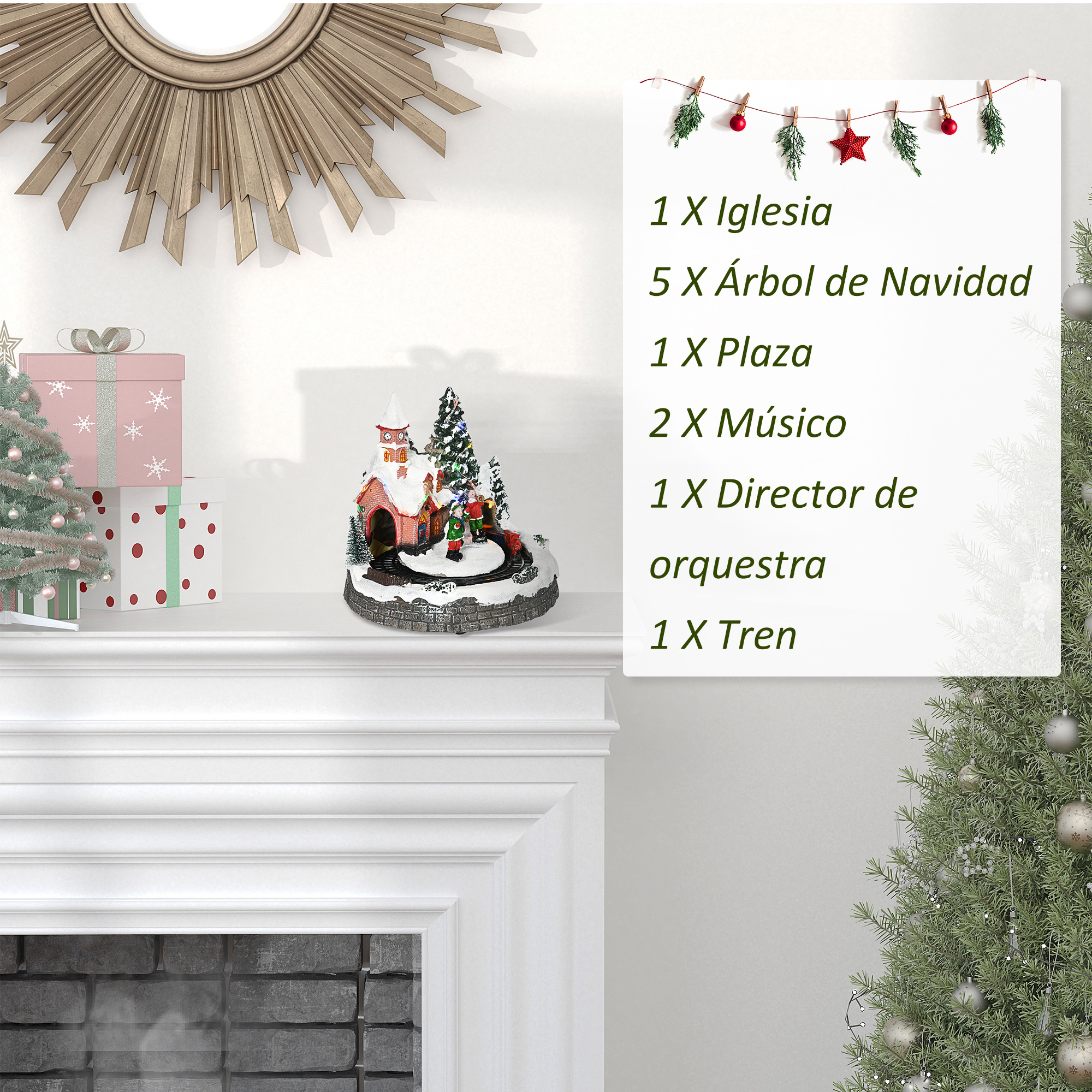 Escena de chimenea navideña con pueblo en miniatura, regalos, espejo y texto.